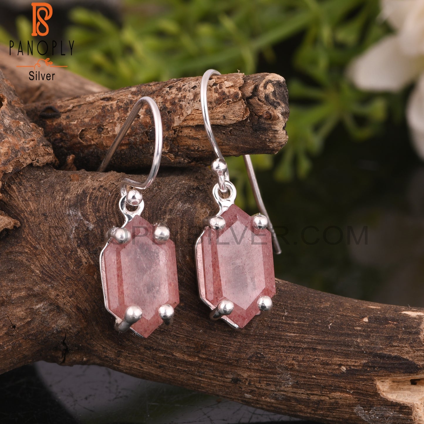 Strawberry Quartz Elongated Hexagon 925 Silver Earrings