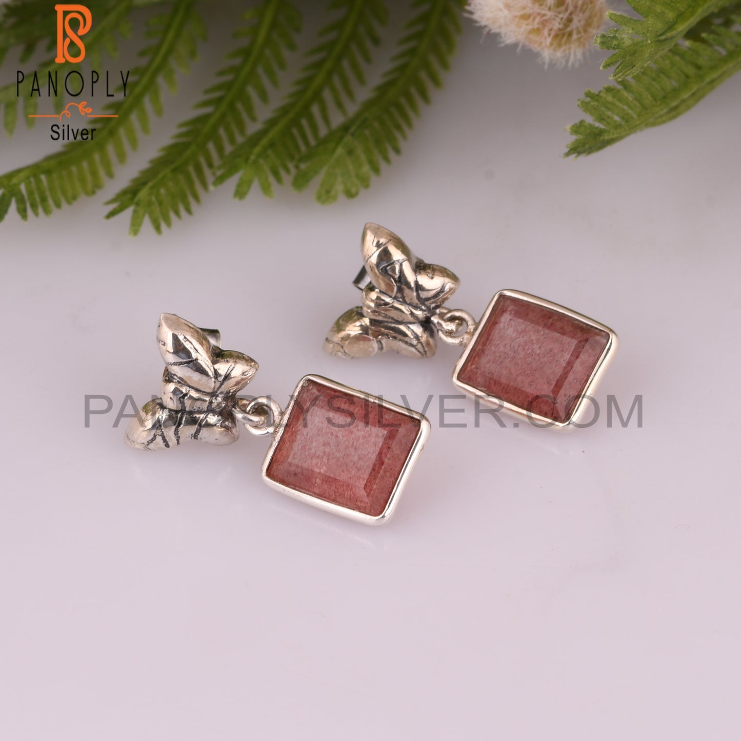 Strawberry Quartz Beguette 925 Sterling Silver Earrings