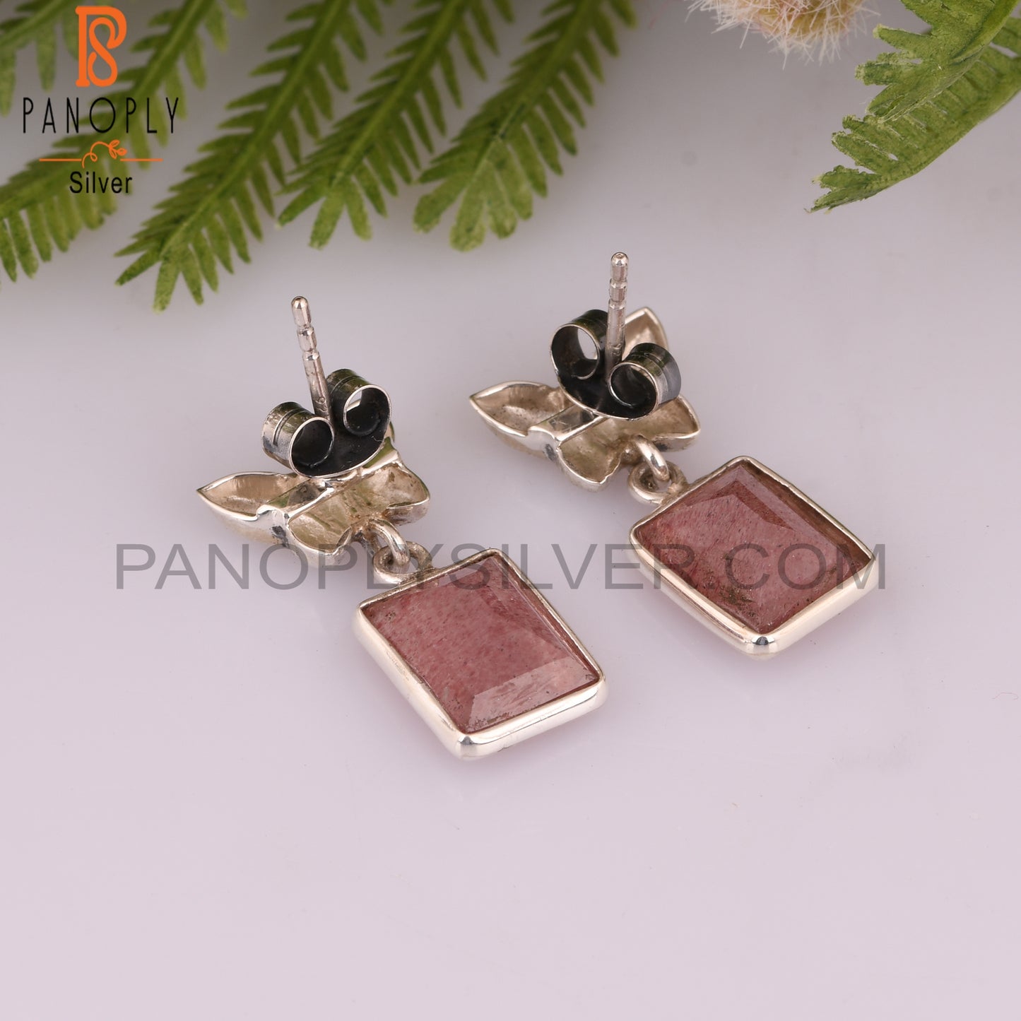 Strawberry Quartz Beguette 925 Sterling Silver Earrings