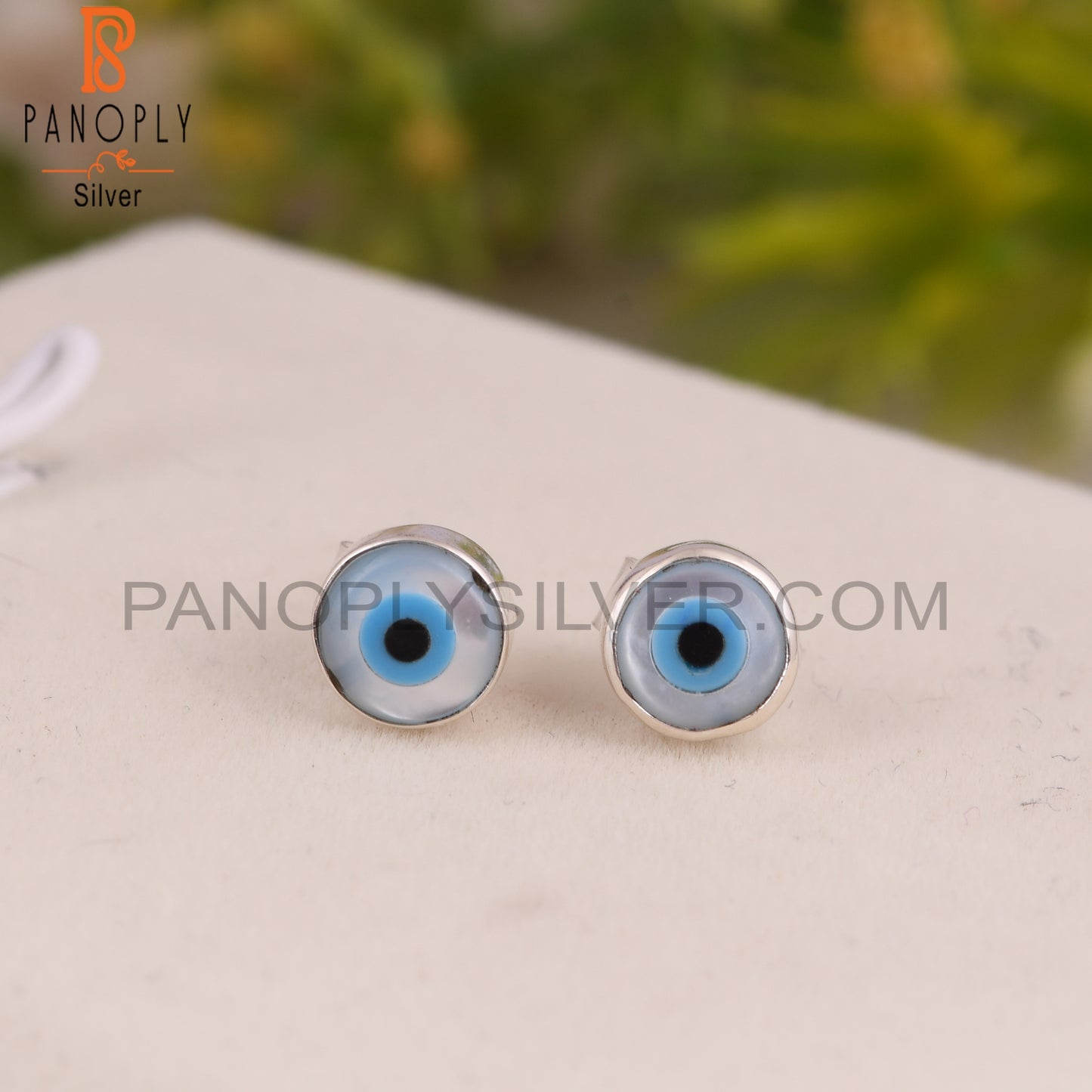Mother of Pearl Evil Eye 925 Sterling Silver Earrings Studs