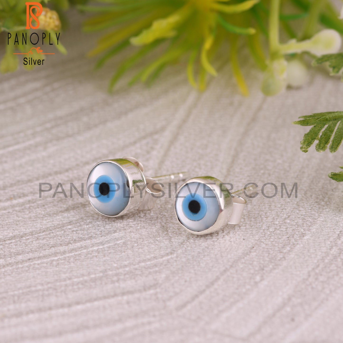 Mother of Pearl Evil Eye 925 Sterling Silver Earrings Studs