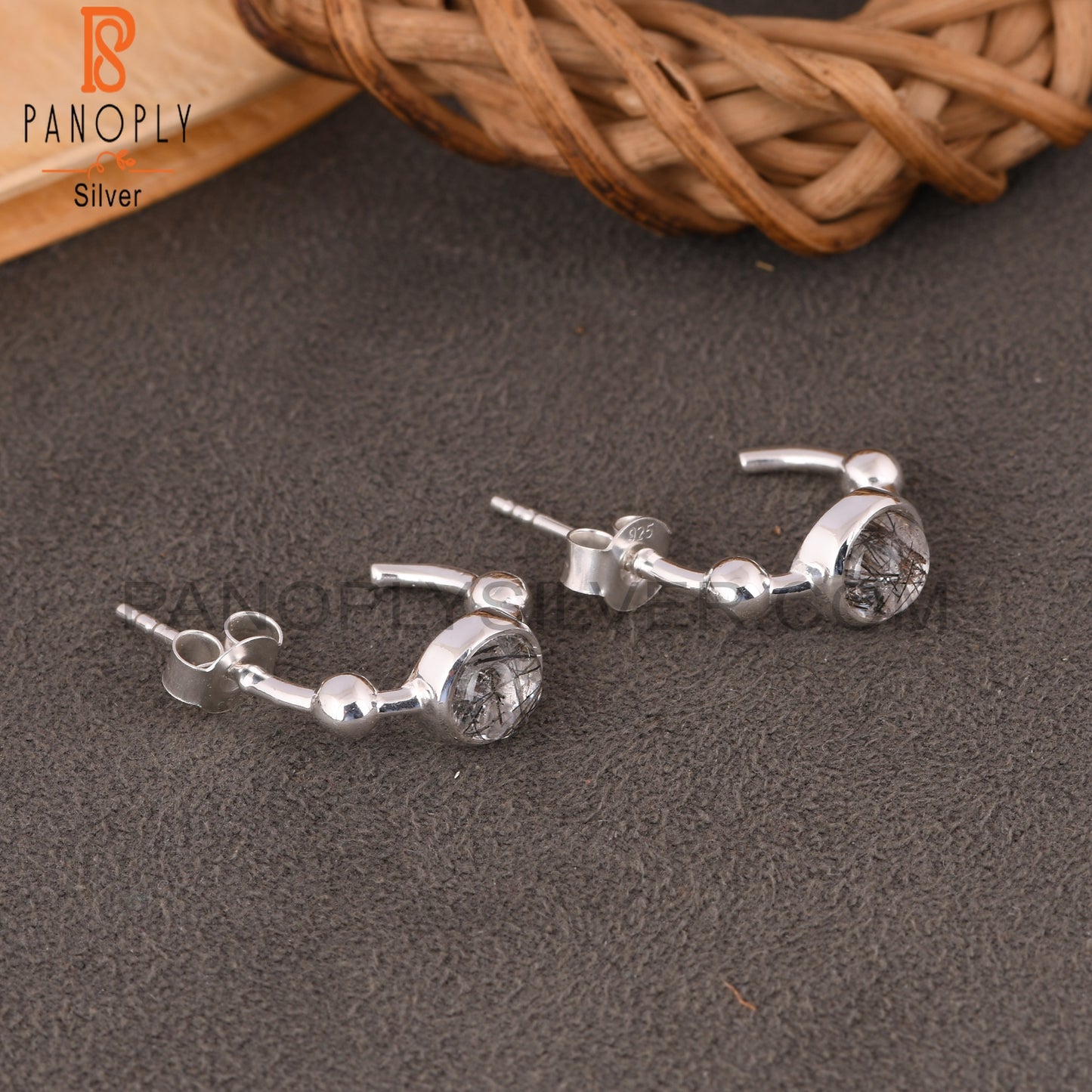 Black Rutile Round 925 Sterling Silver Earrings