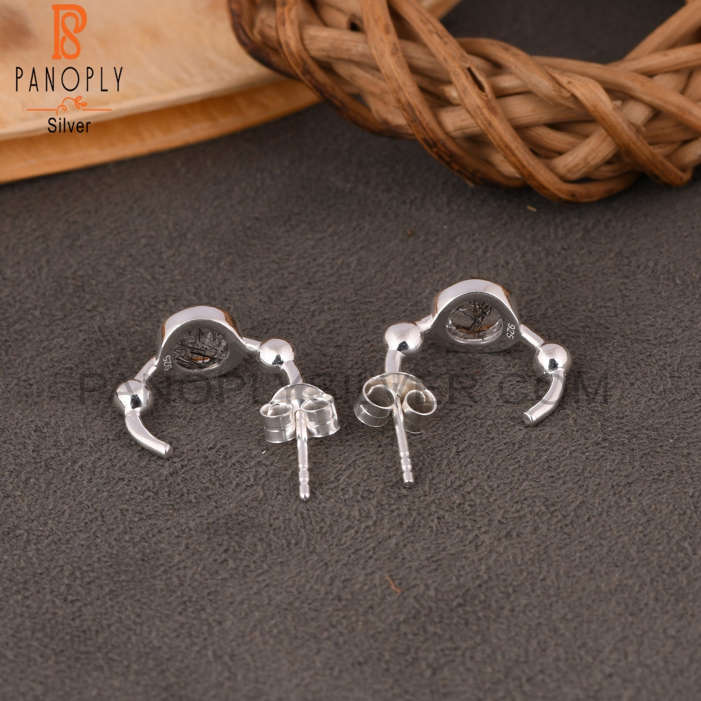 Black Rutile Round 925 Sterling Silver Earrings