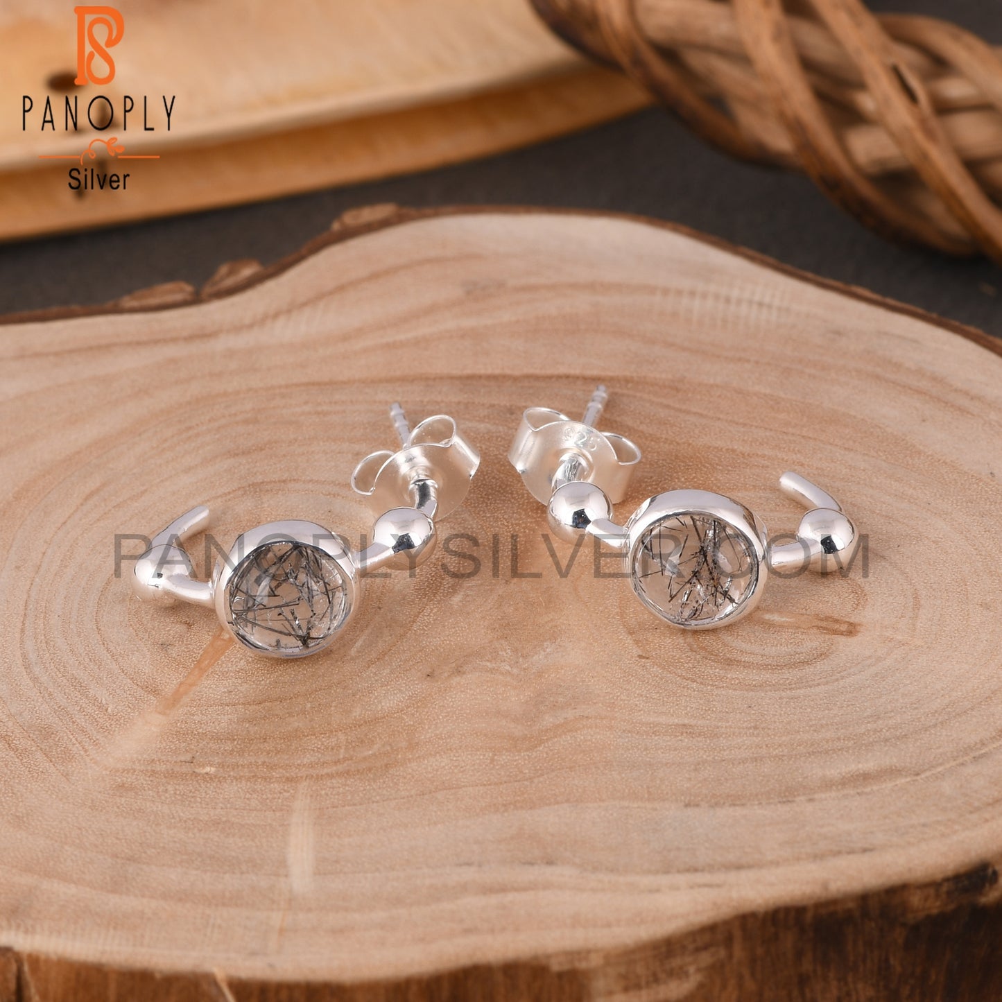 Black Rutile Round 925 Sterling Silver Earrings