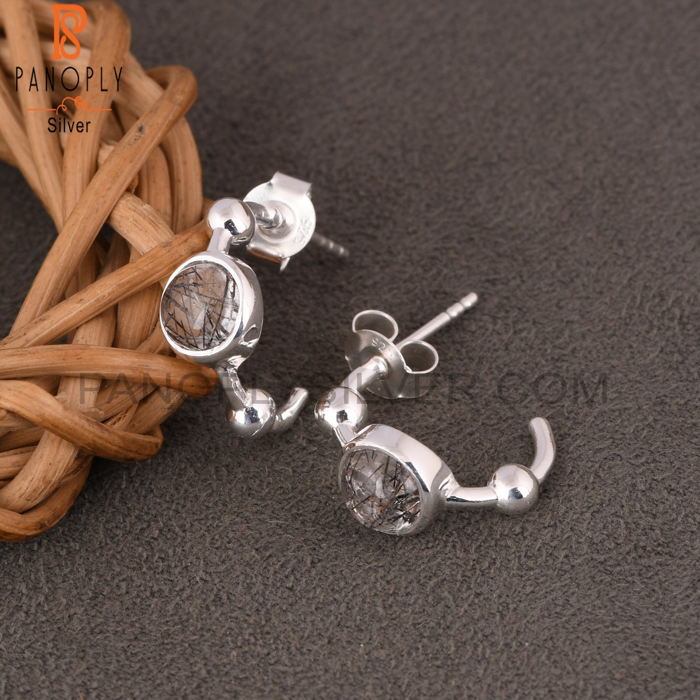 Black Rutile Round 925 Sterling Silver Earrings