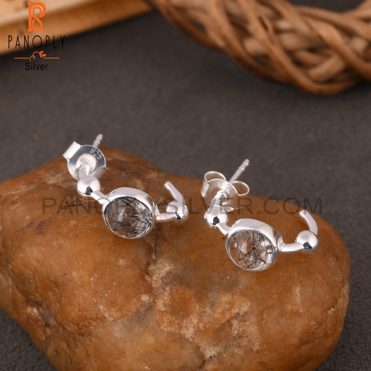 Black Rutile Round 925 Sterling Silver Earrings