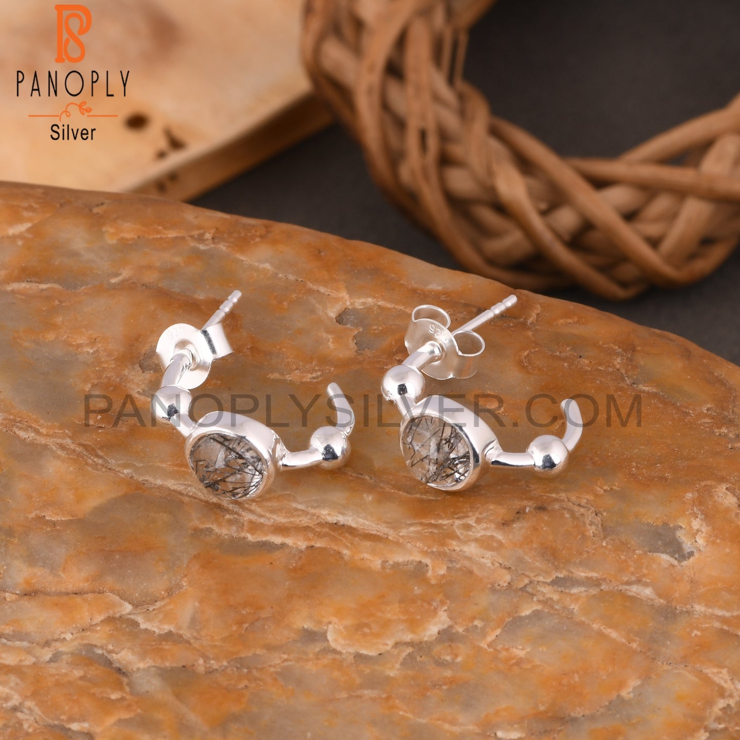 Black Rutile Round 925 Sterling Silver Earrings