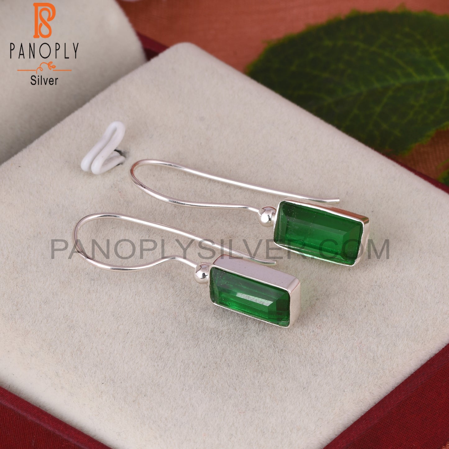 Doublet Zambian Emerald Quartz Baguette 925 Silver Earrings