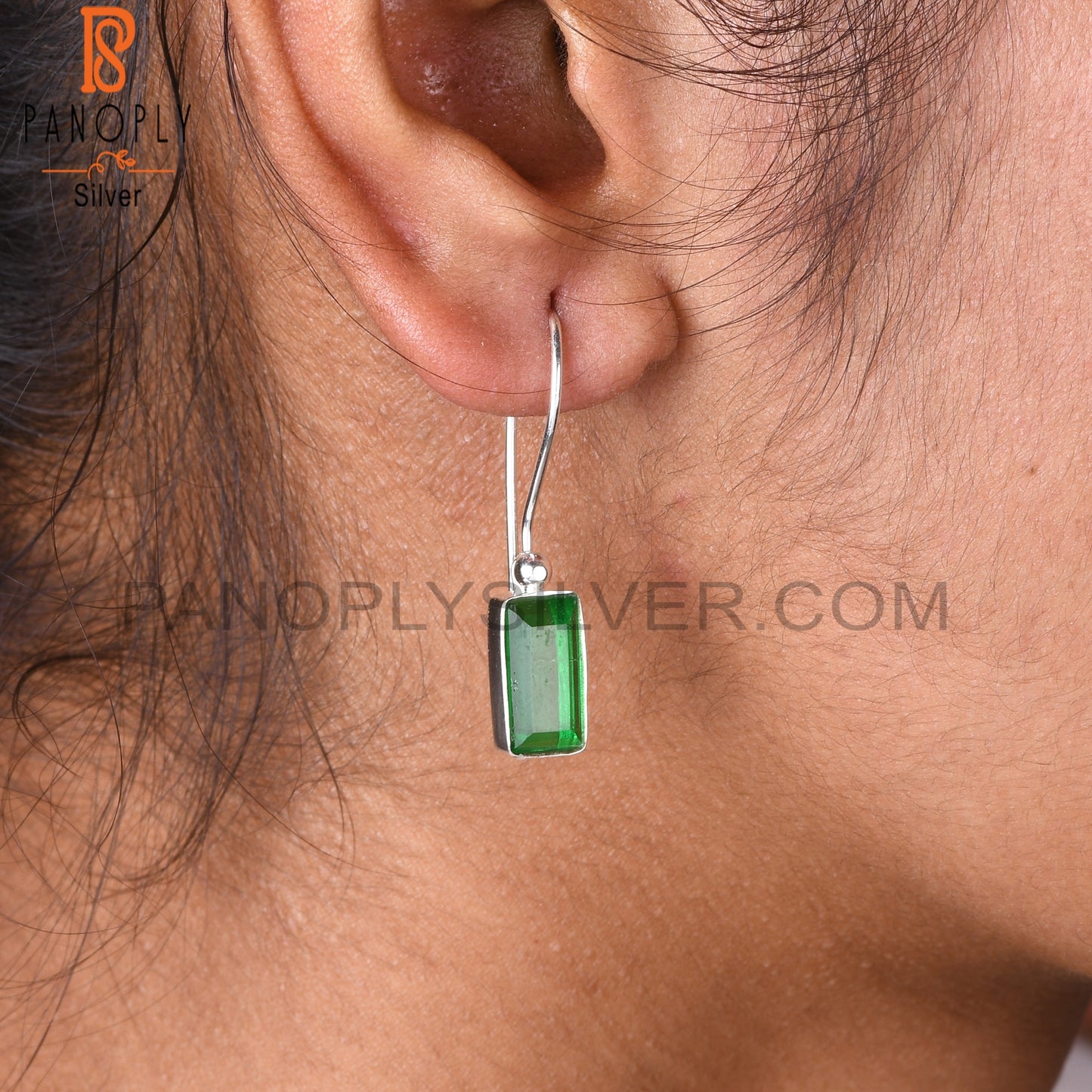 Doublet Zambian Emerald Quartz Baguette 925 Silver Earrings