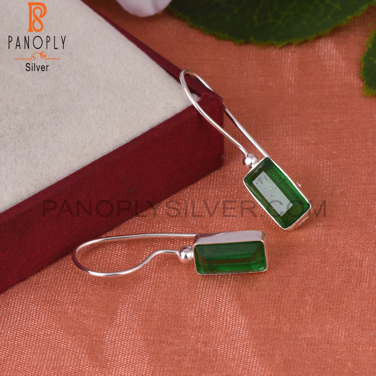 Doublet Zambian Emerald Quartz Baguette 925 Silver Earrings