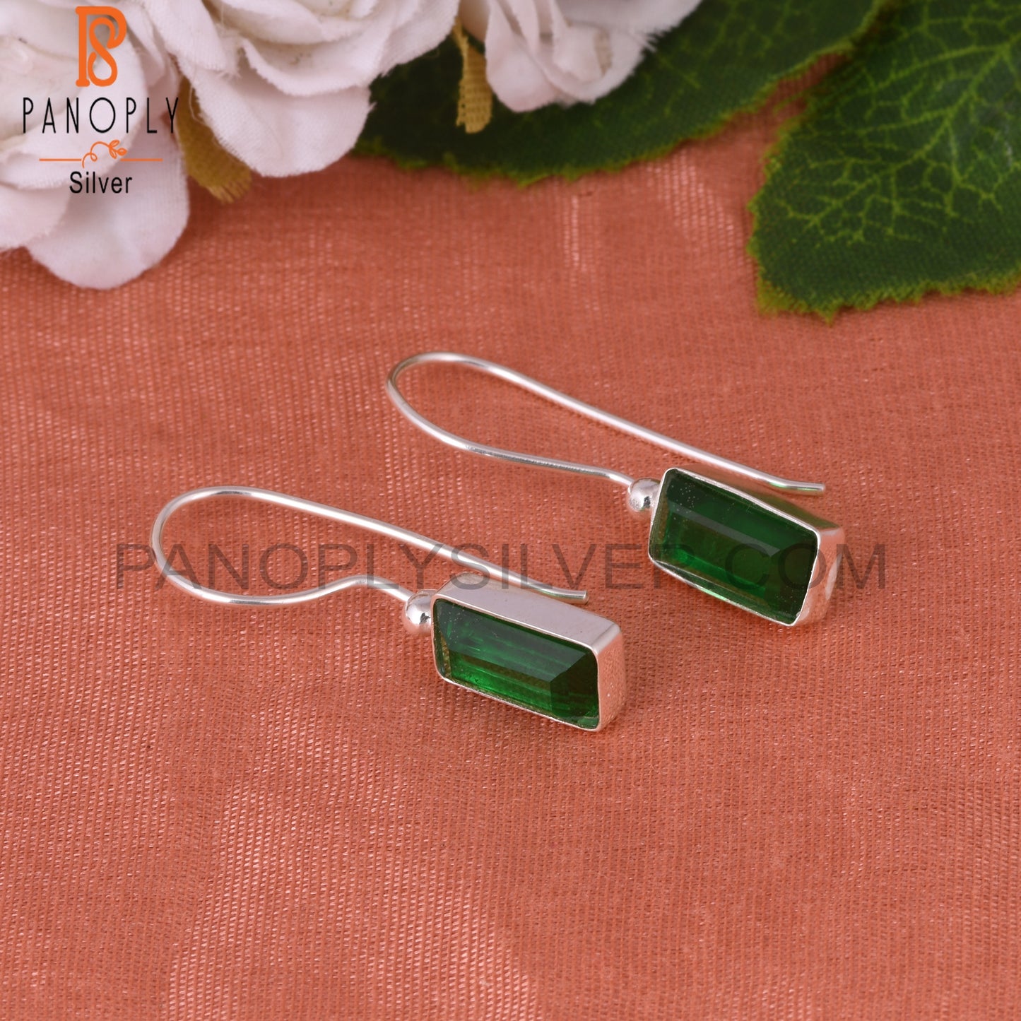 Doublet Zambian Emerald Quartz Baguette 925 Silver Earrings