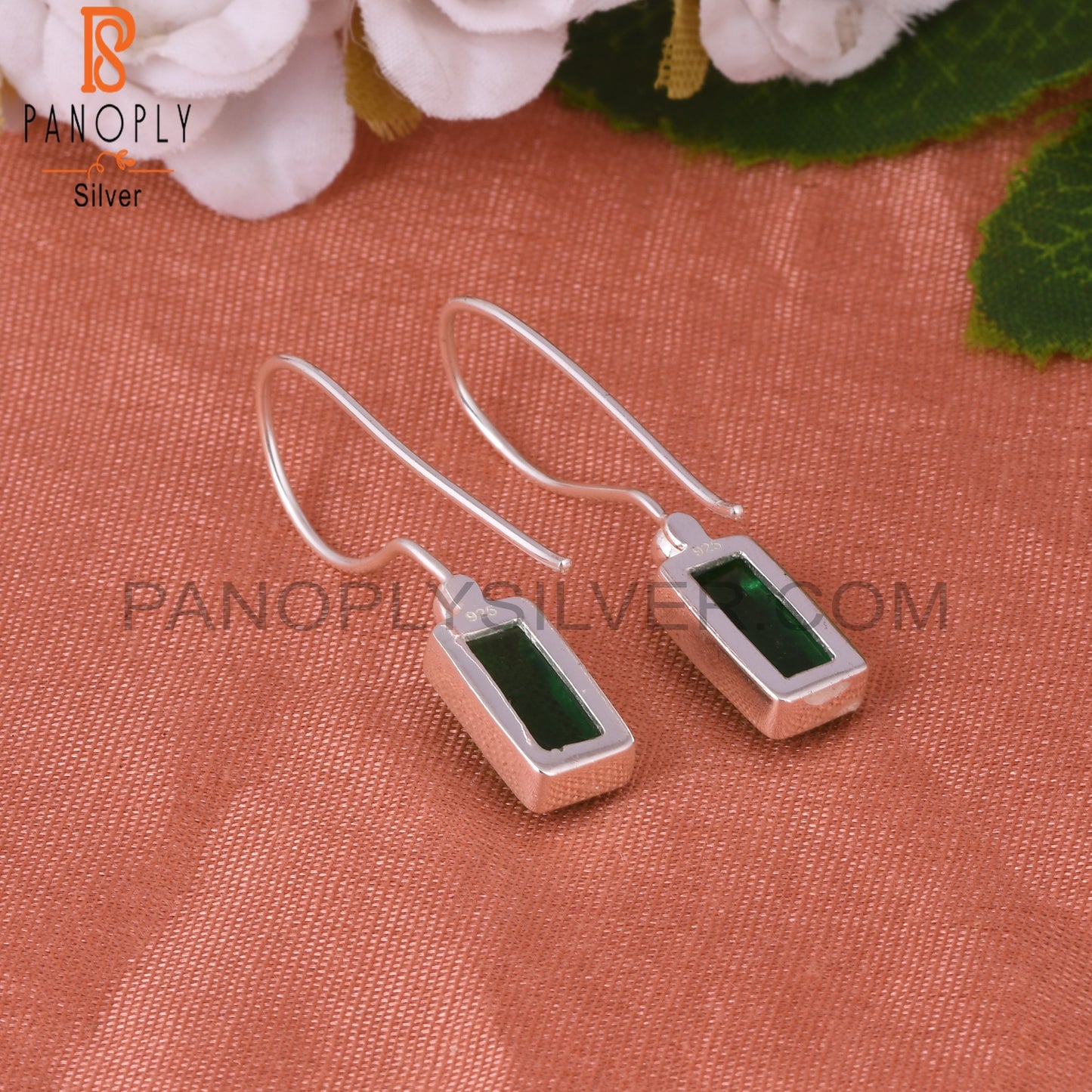 Doublet Zambian Emerald Quartz Baguette 925 Silver Earrings