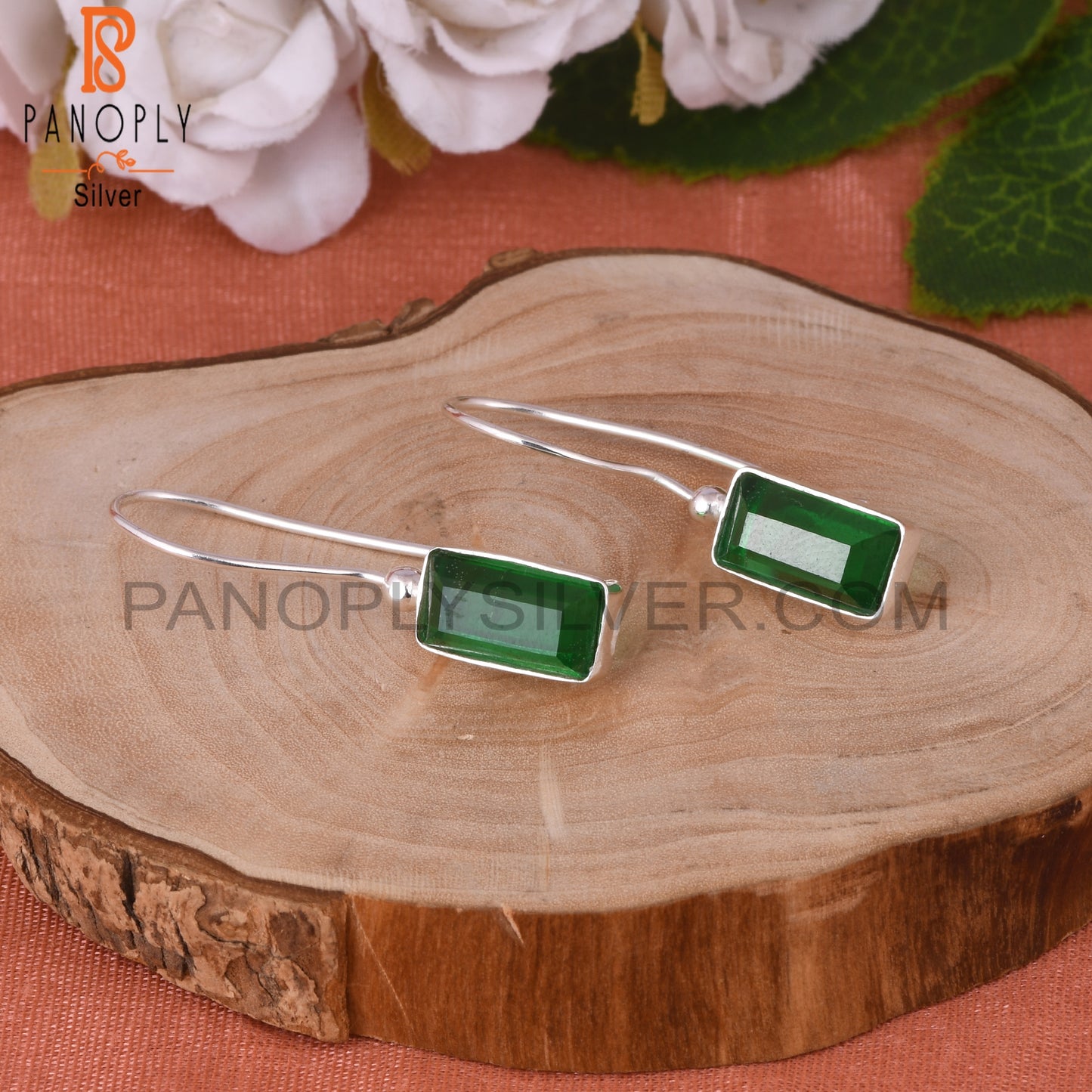 Doublet Zambian Emerald Quartz Baguette 925 Silver Earrings