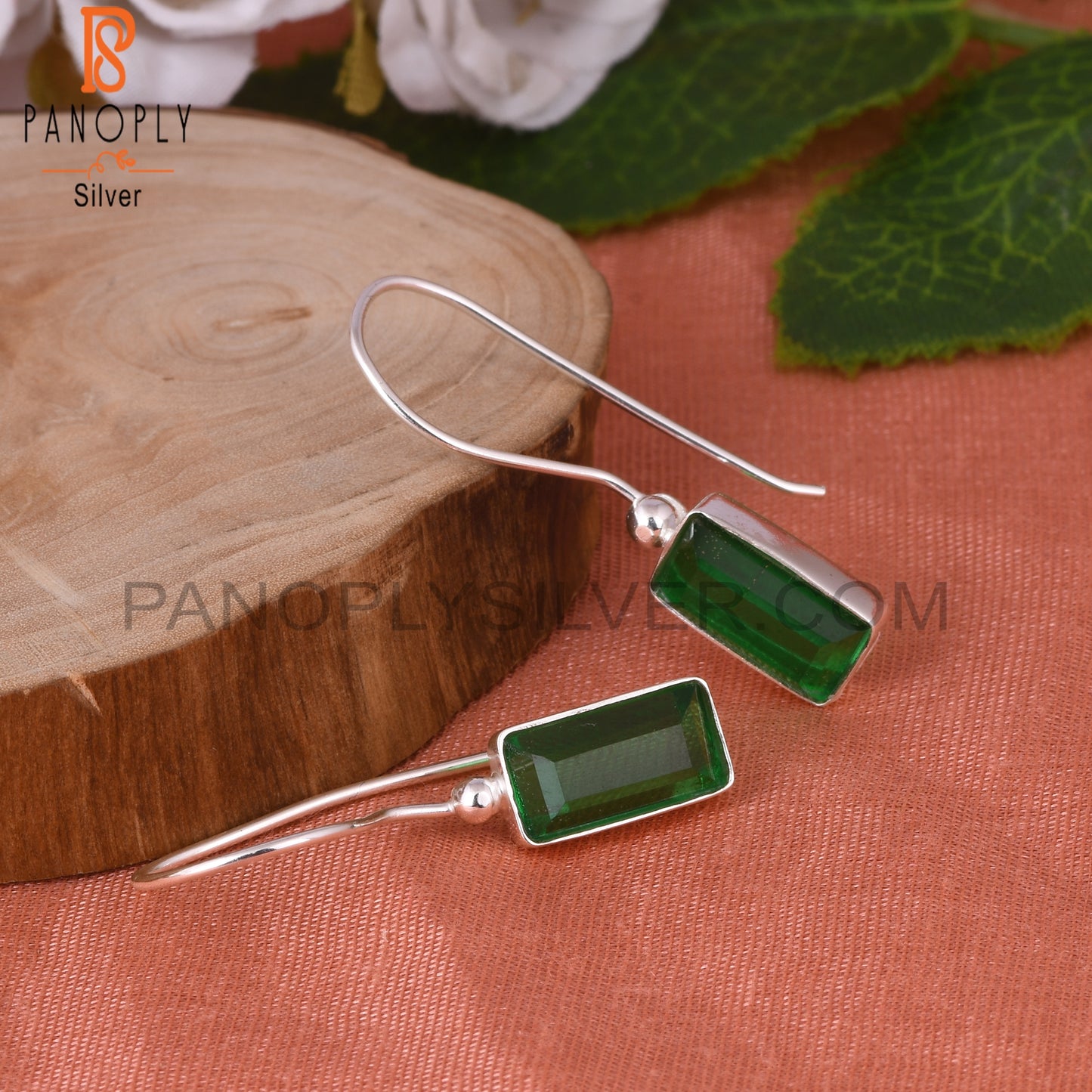 Doublet Zambian Emerald Quartz Baguette 925 Silver Earrings