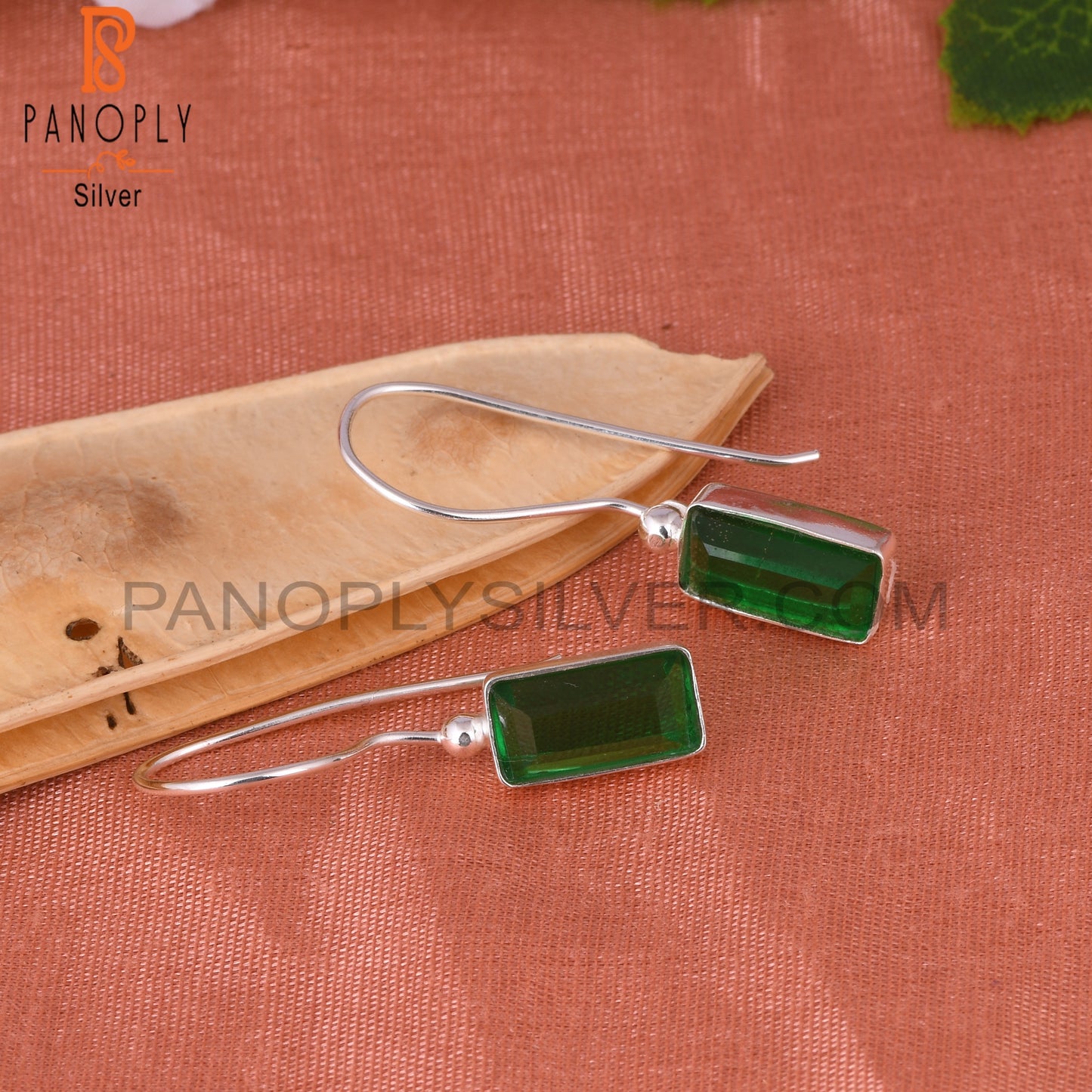 Doublet Zambian Emerald Quartz Baguette 925 Silver Earrings