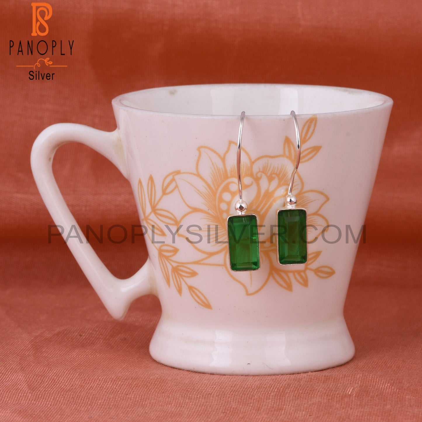 Doublet Zambian Emerald Quartz Baguette 925 Silver Earrings