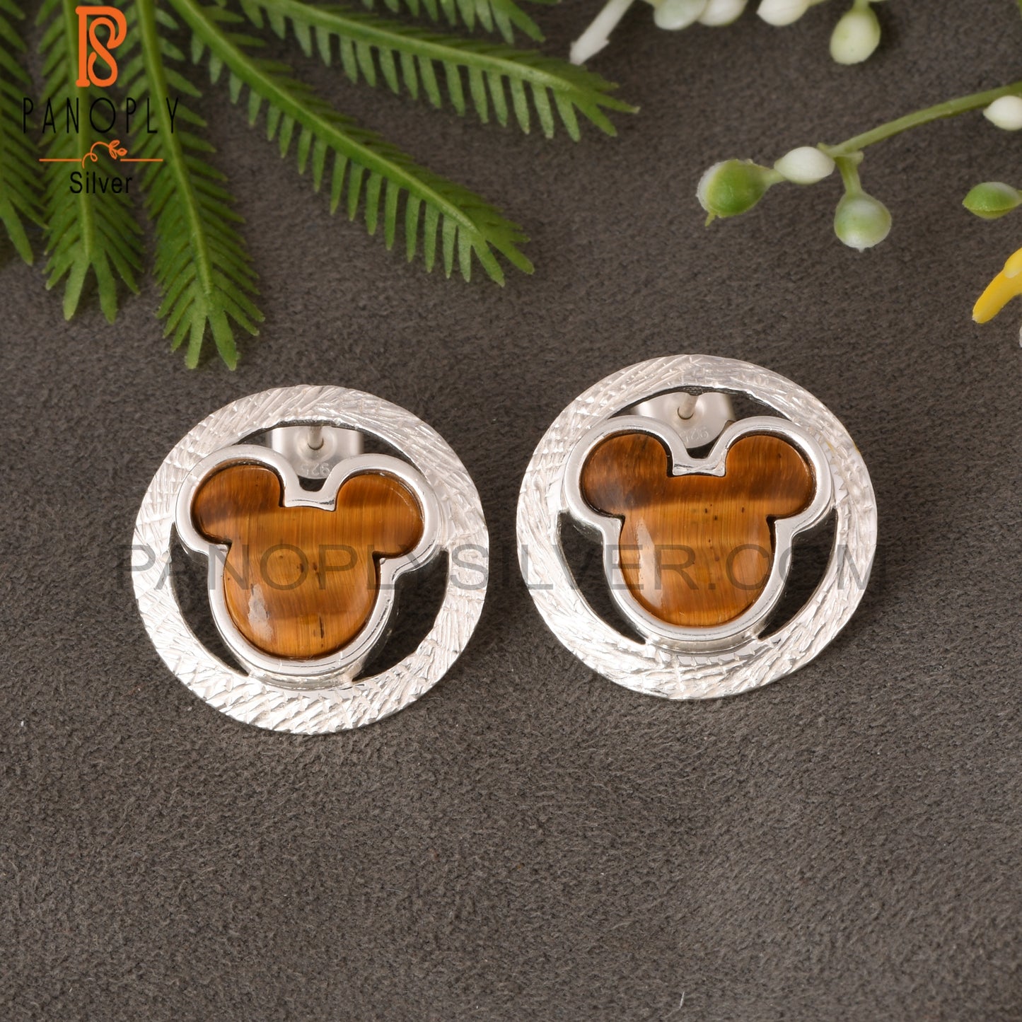 Tiger Eye Yellow Mickey Mouse Stud 925 Silver Earrings