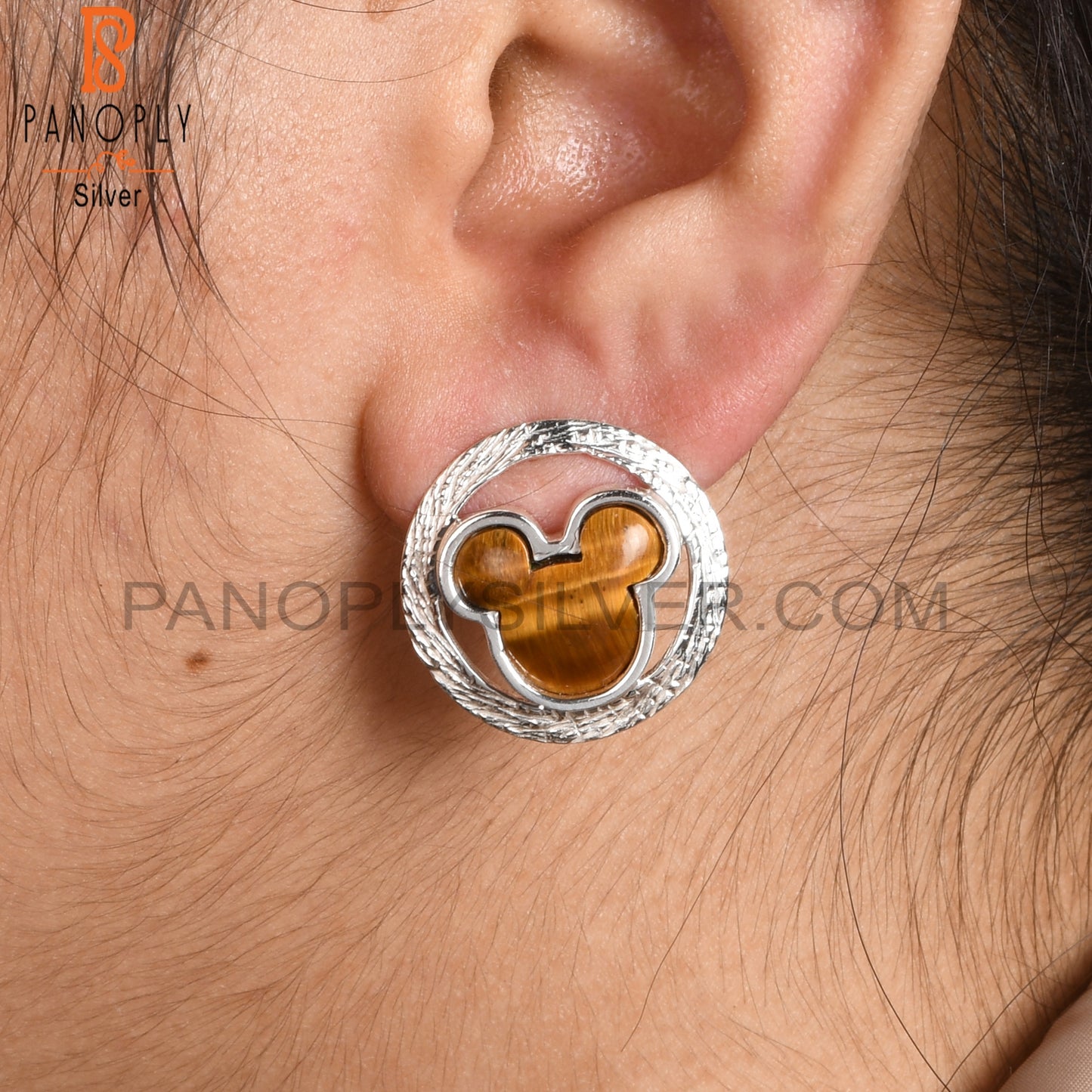 Tiger Eye Yellow Mickey Mouse Stud 925 Silver Earrings