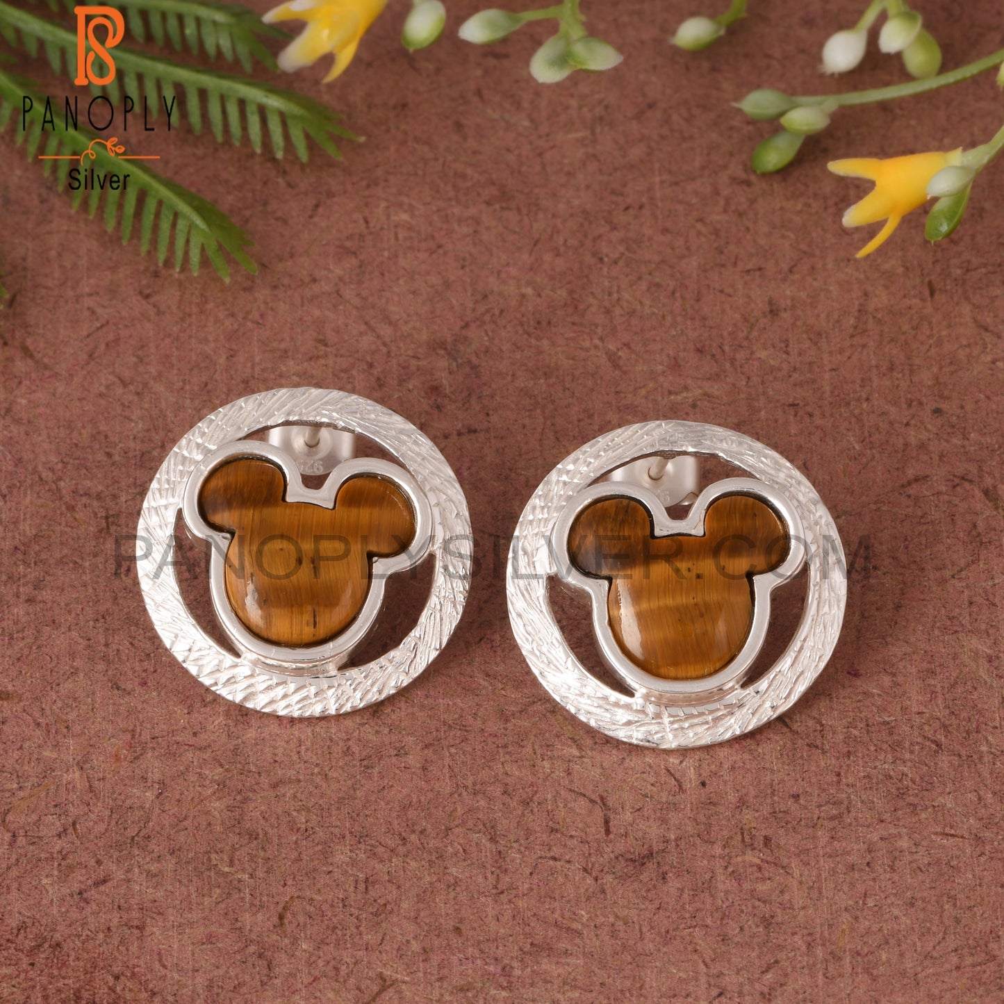 Tiger Eye Yellow Mickey Mouse Stud 925 Silver Earrings