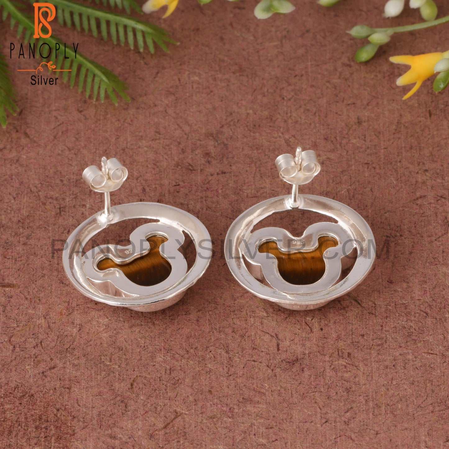 Tiger Eye Yellow Mickey Mouse Stud 925 Silver Earrings