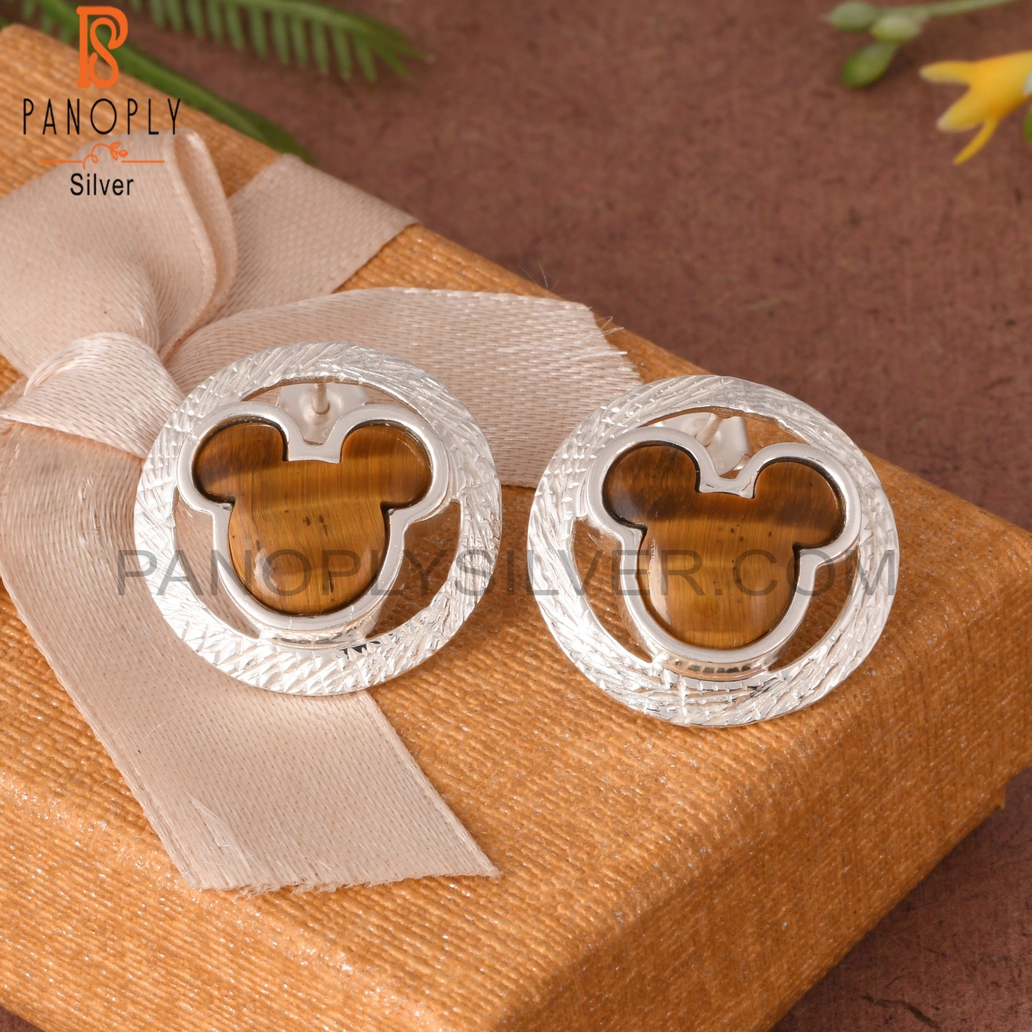Tiger Eye Yellow Mickey Mouse Stud 925 Silver Earrings