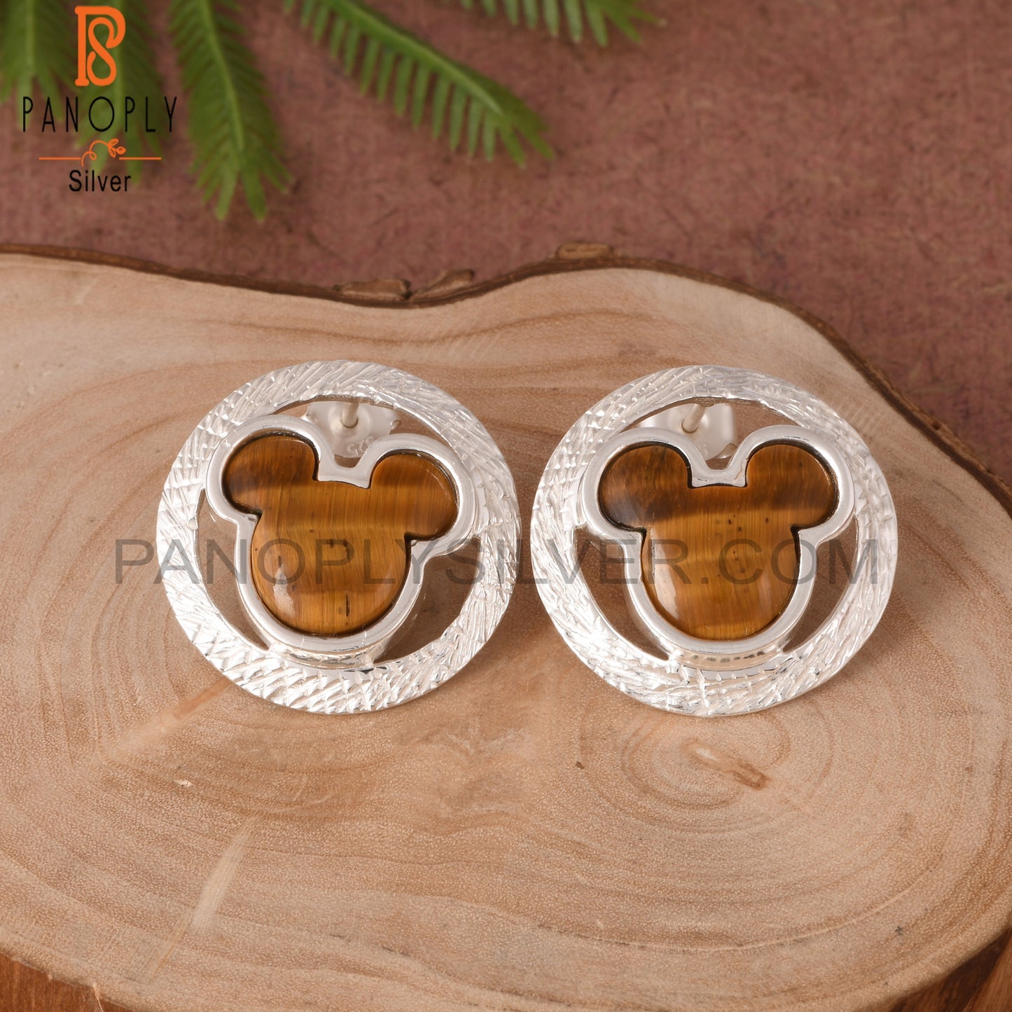 Tiger Eye Yellow Mickey Mouse Stud 925 Silver Earrings