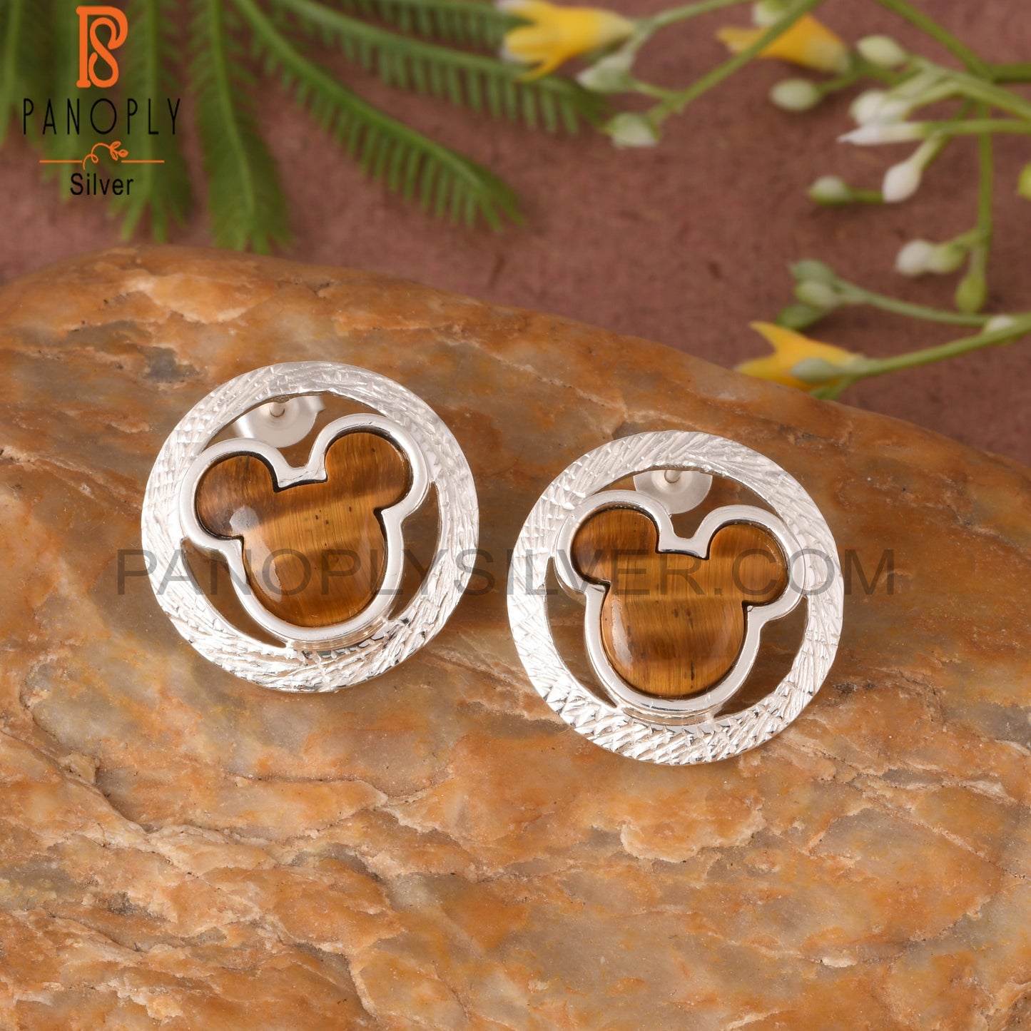 Tiger Eye Yellow Mickey Mouse Stud 925 Silver Earrings