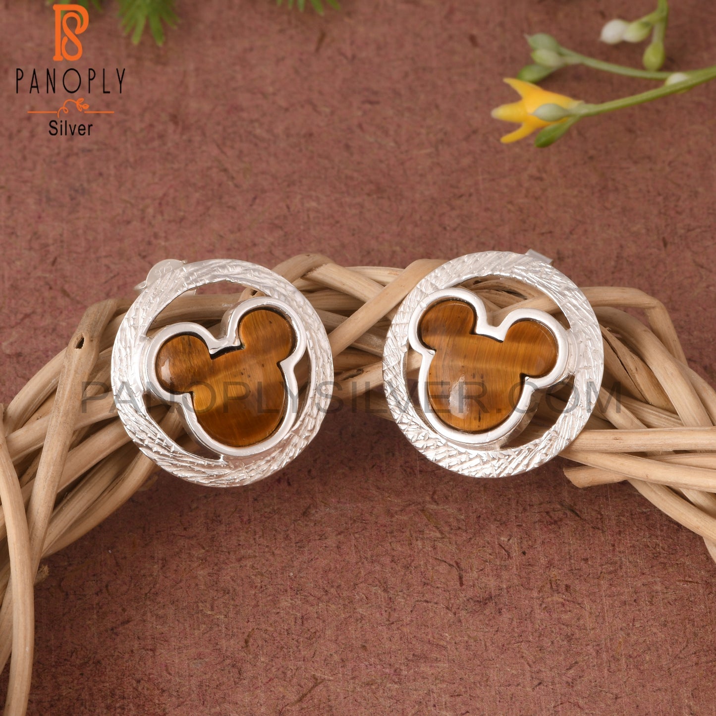 Tiger Eye Yellow Mickey Mouse Stud 925 Silver Earrings
