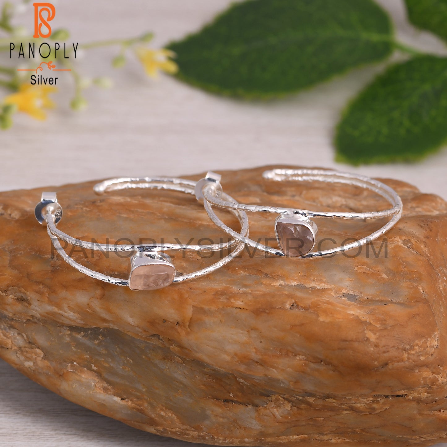 Two Band Rose Quartz Rough 925 Silver Beautiful Earrings