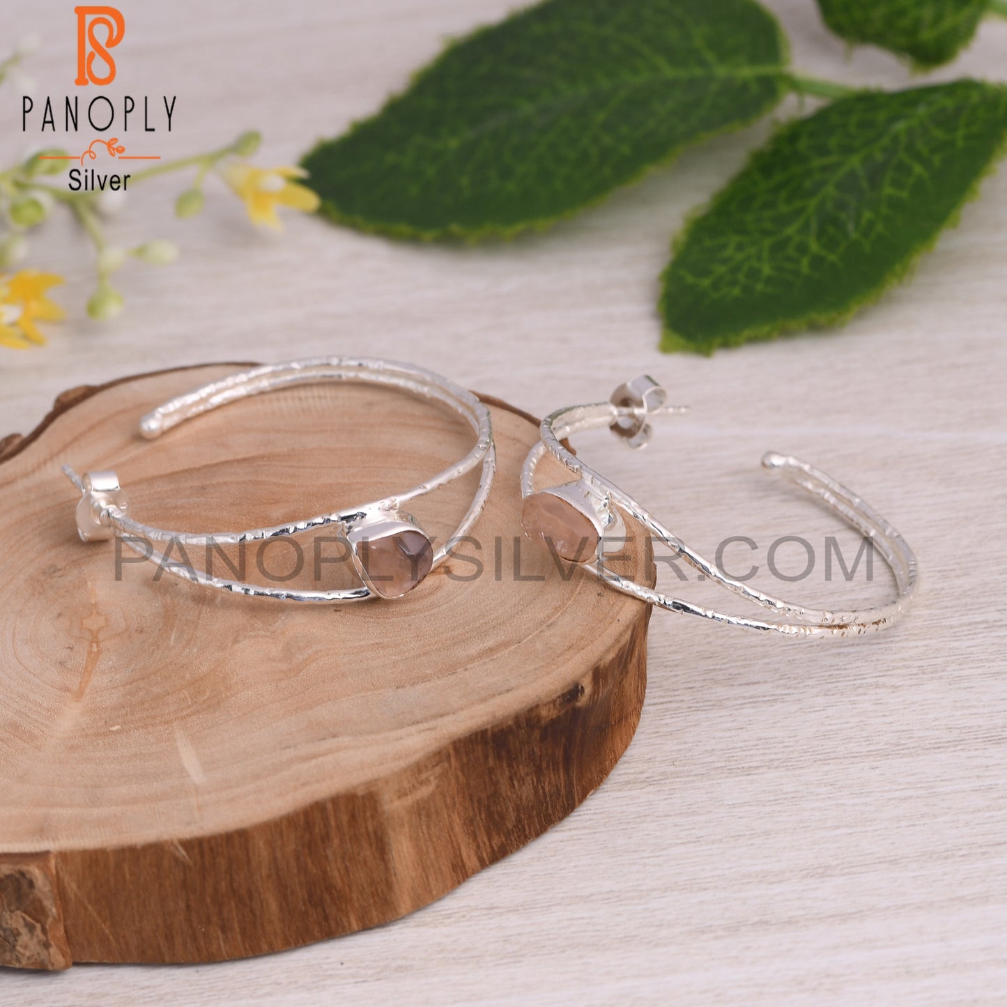 Two Band Rose Quartz Rough 925 Silver Beautiful Earrings