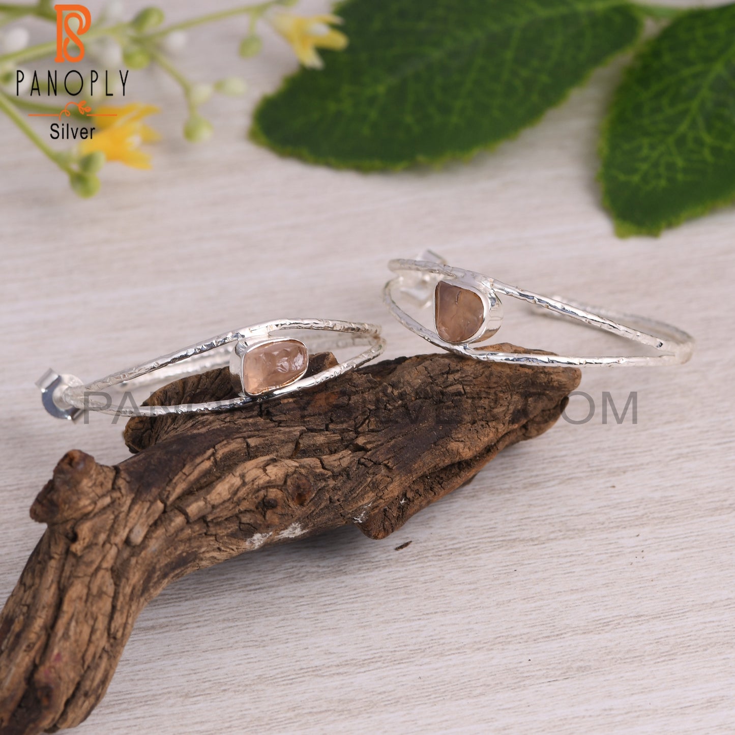 Two Band Rose Quartz Rough 925 Silver Beautiful Earrings