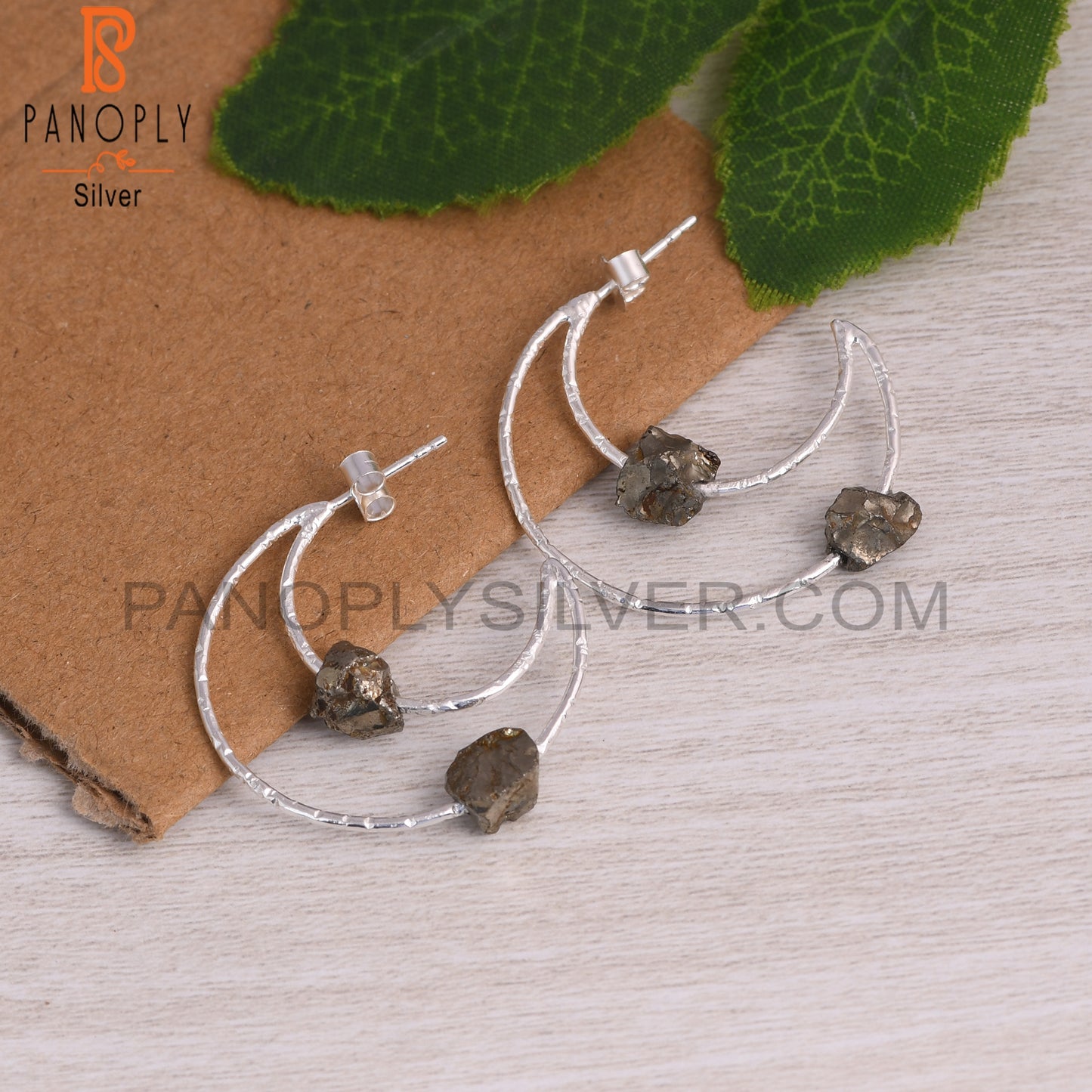 Pyrite Rough 925 Sterling Silver Moon Earrings