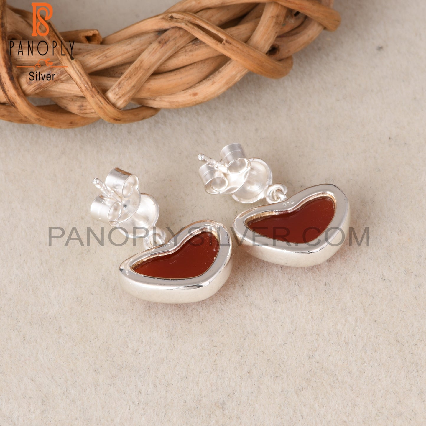 Red Onyx Heart Shape 925 Sterling Silver Earrings