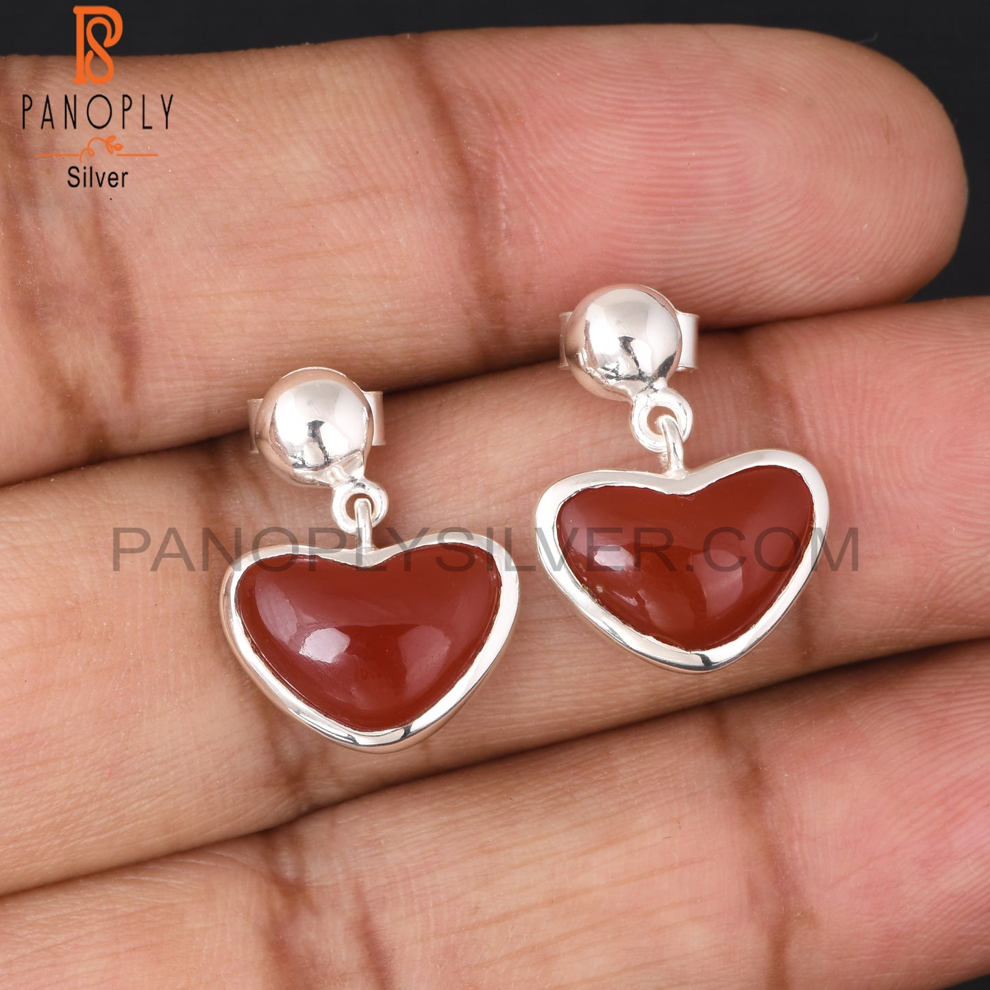 Red Onyx Heart Shape 925 Sterling Silver Earrings