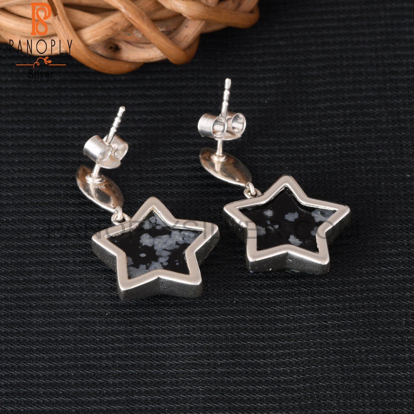 Snowflake Obsidian Star 925 Sterling Silver Drop Earrings