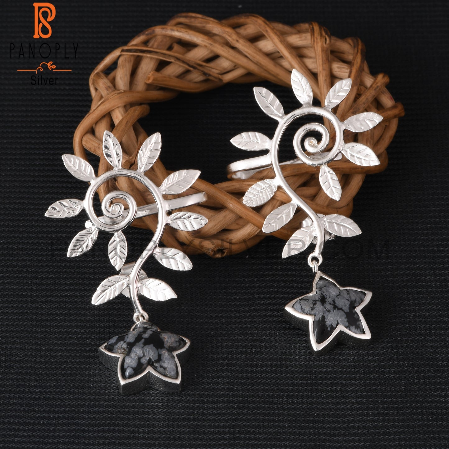 Snowflake Obsidian Moonflower 925 Silver Leaf Earrings
