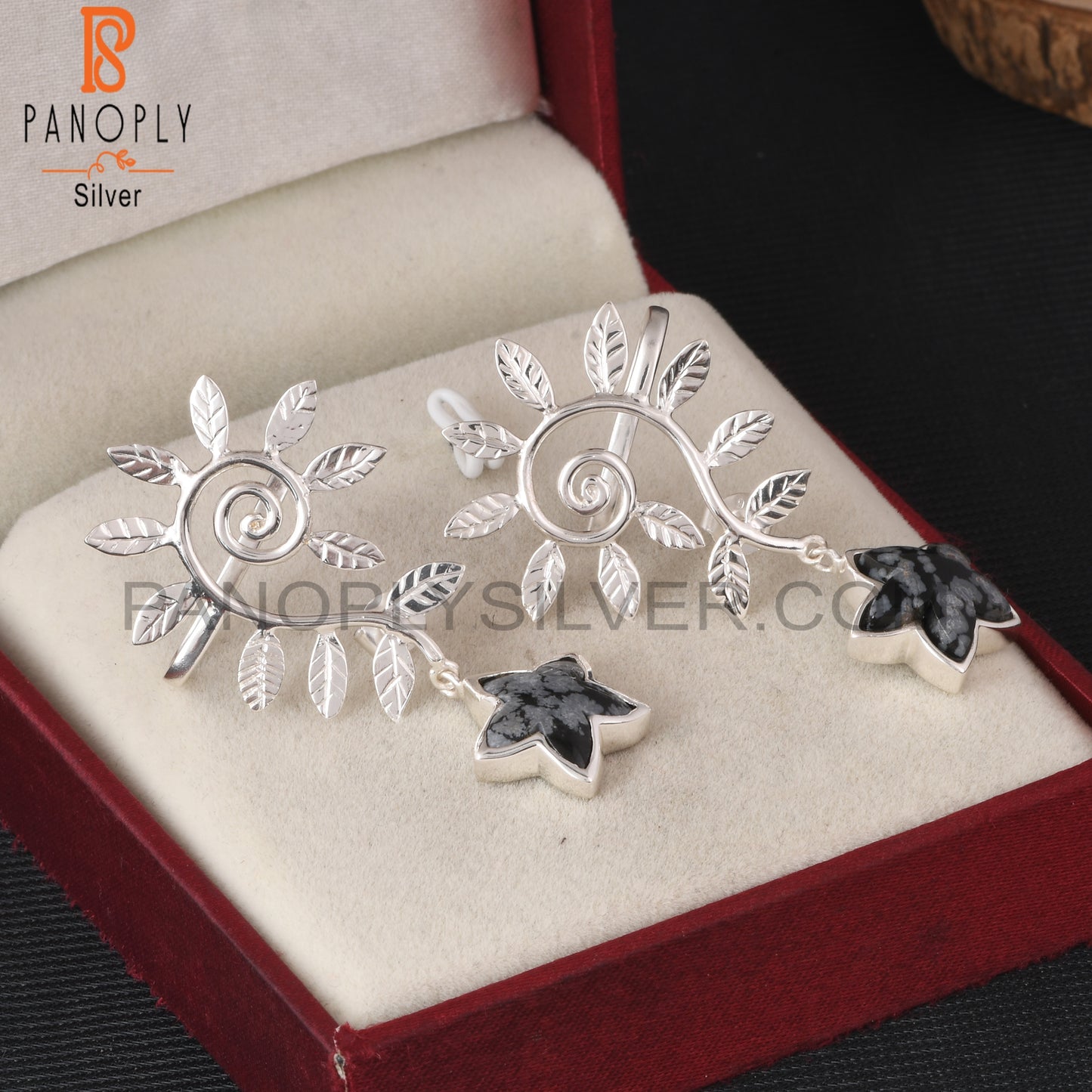 Snowflake Obsidian Moonflower 925 Silver Leaf Earrings