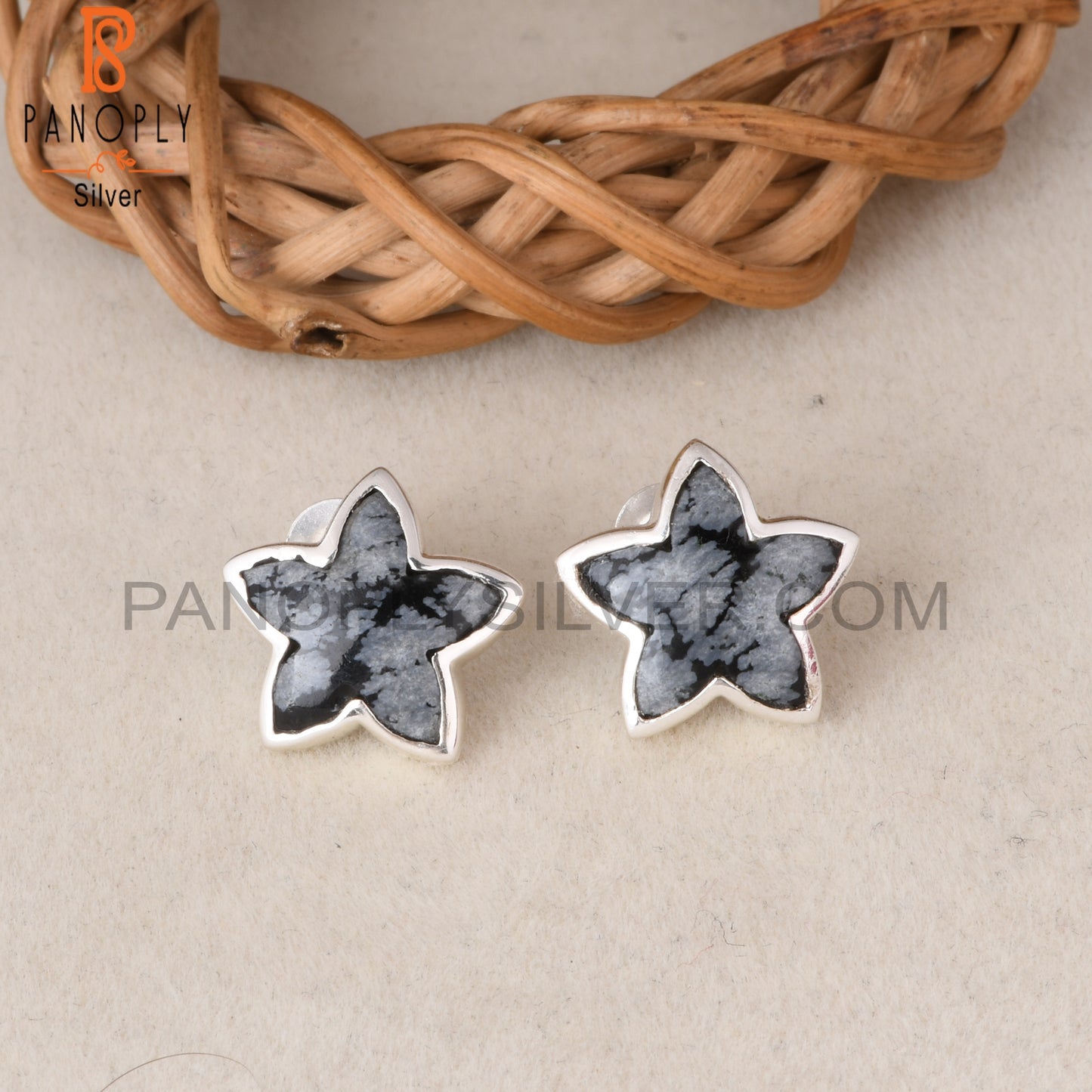 Snowflake Obsidian Moonflower 925 Silver Stud Earrings