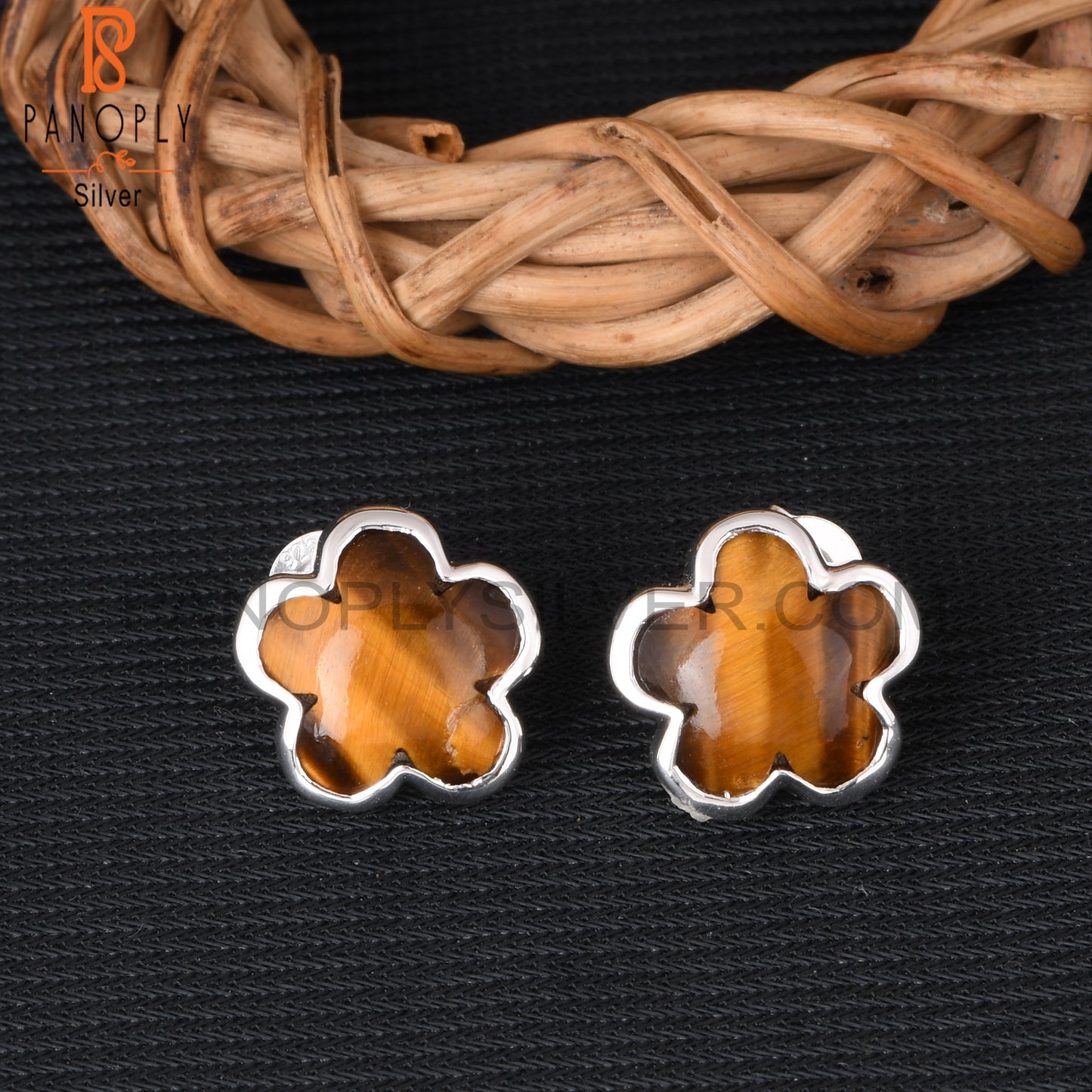 Sunflower Tiger Eye Yellow 925 Sterling Silver Stud Earrings