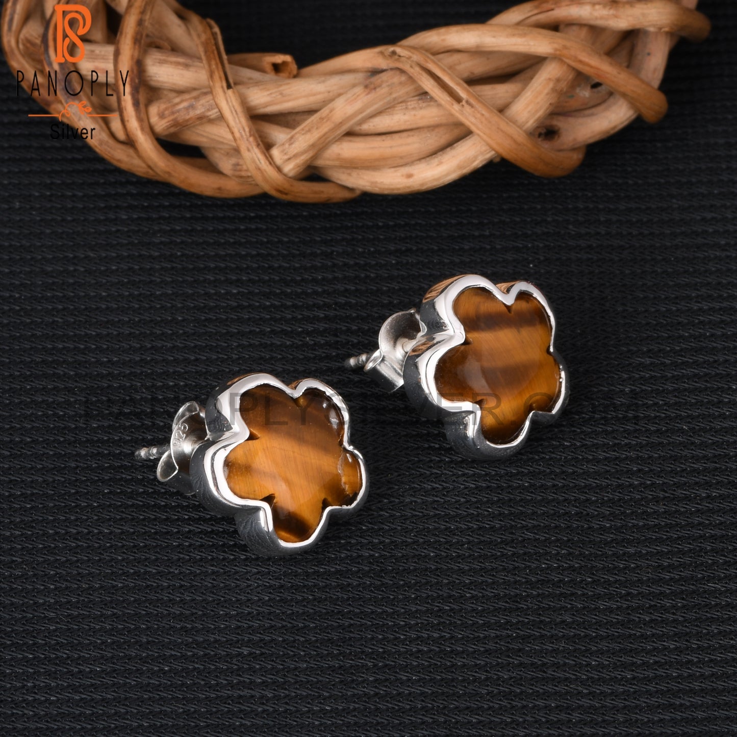 Sunflower Tiger Eye Yellow 925 Sterling Silver Stud Earrings
