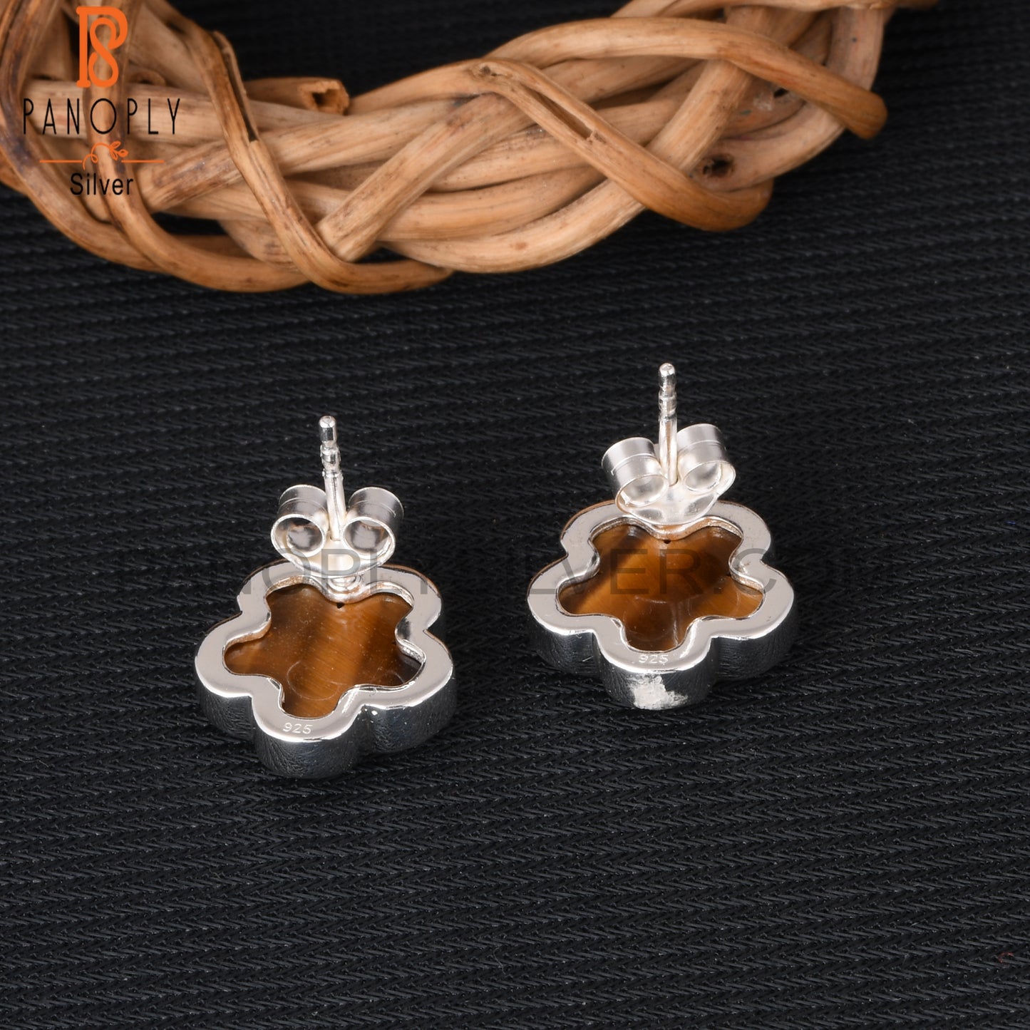 Sunflower Tiger Eye Yellow 925 Sterling Silver Stud Earrings