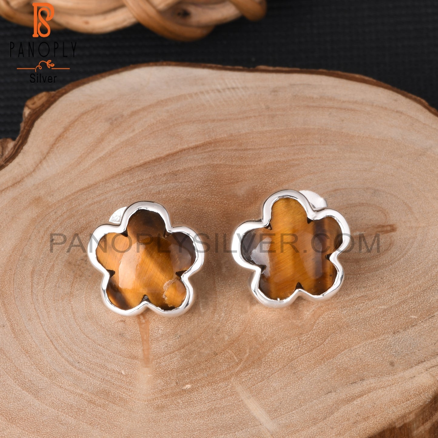 Sunflower Tiger Eye Yellow 925 Sterling Silver Stud Earrings