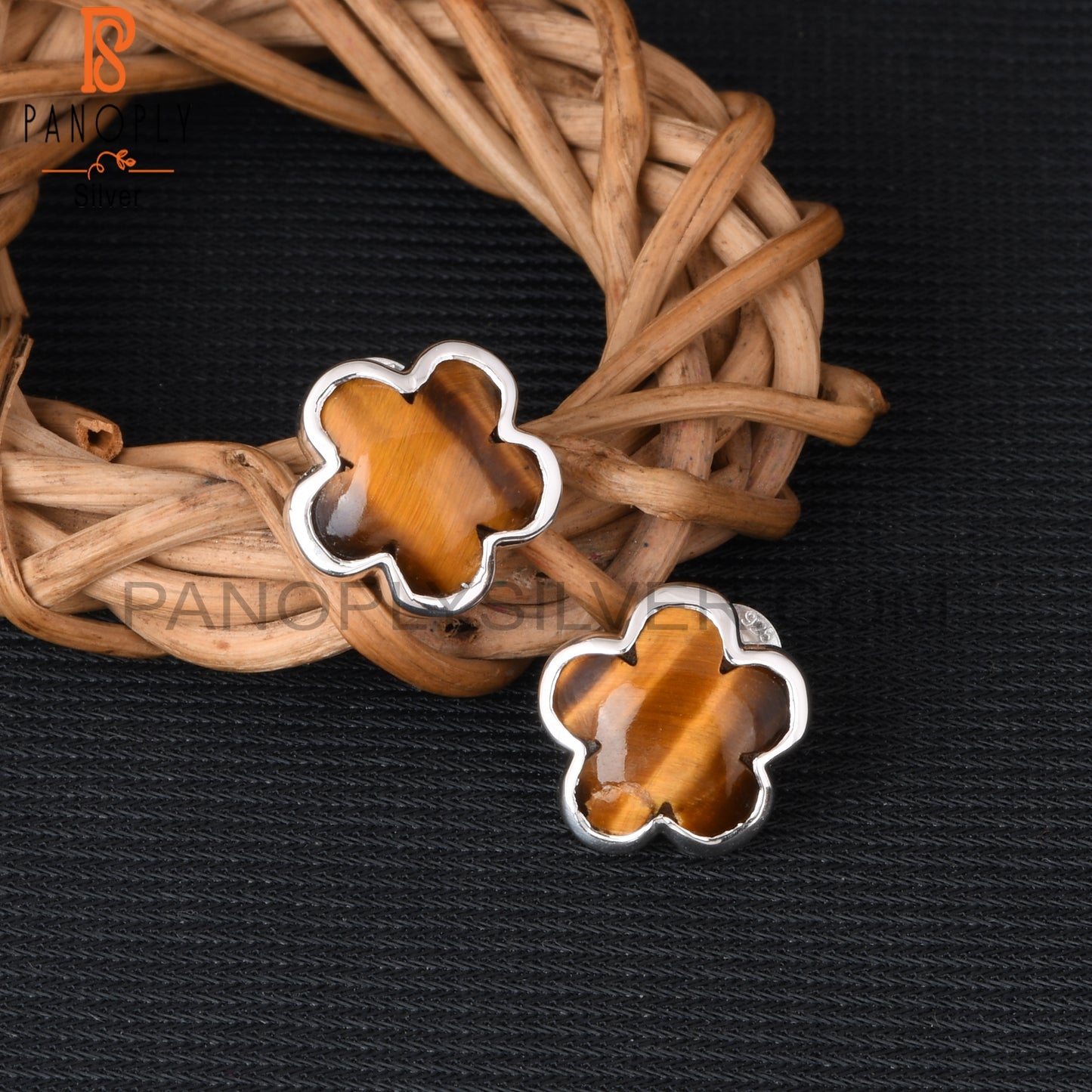 Sunflower Tiger Eye Yellow 925 Sterling Silver Stud Earrings