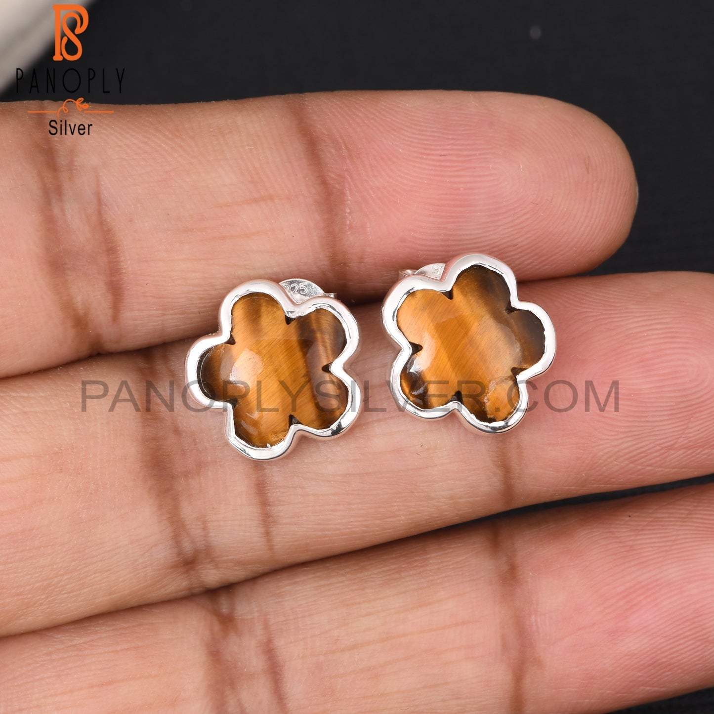 Sunflower Tiger Eye Yellow 925 Sterling Silver Stud Earrings