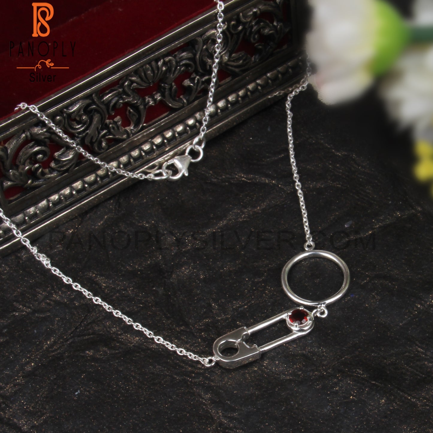 Garnet Round Shape 925 Sterling Silver Necklace