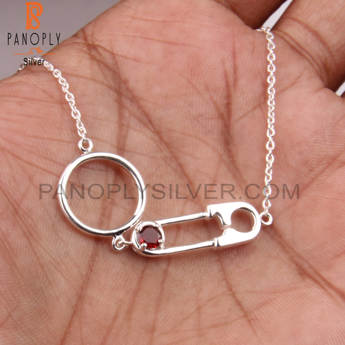 Garnet Round Shape 925 Sterling Silver Necklace