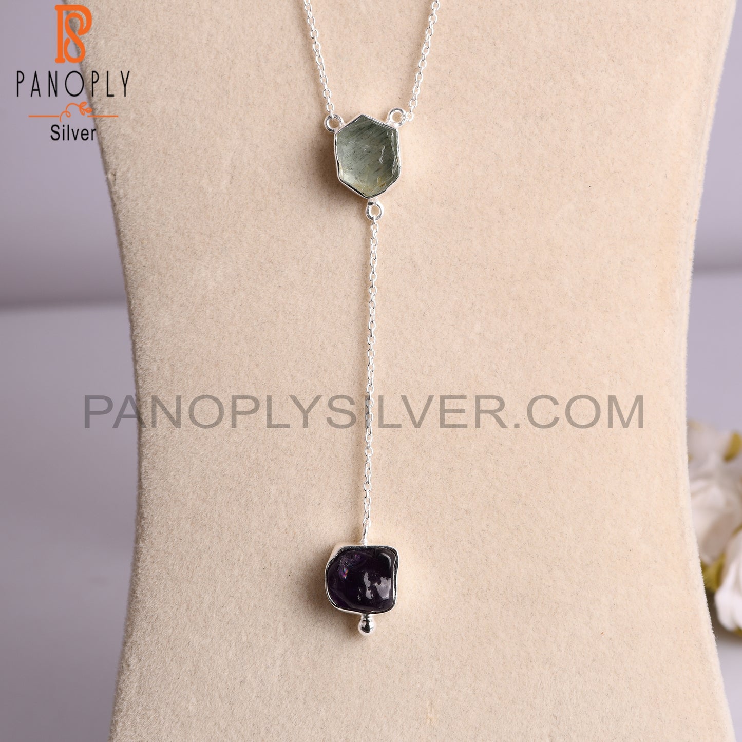 Aquamarine & Amethyst Rough 925 Silver Pendant with Chain