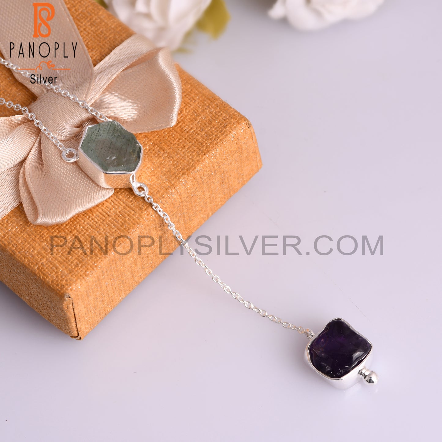 Aquamarine & Amethyst Rough 925 Silver Pendant with Chain