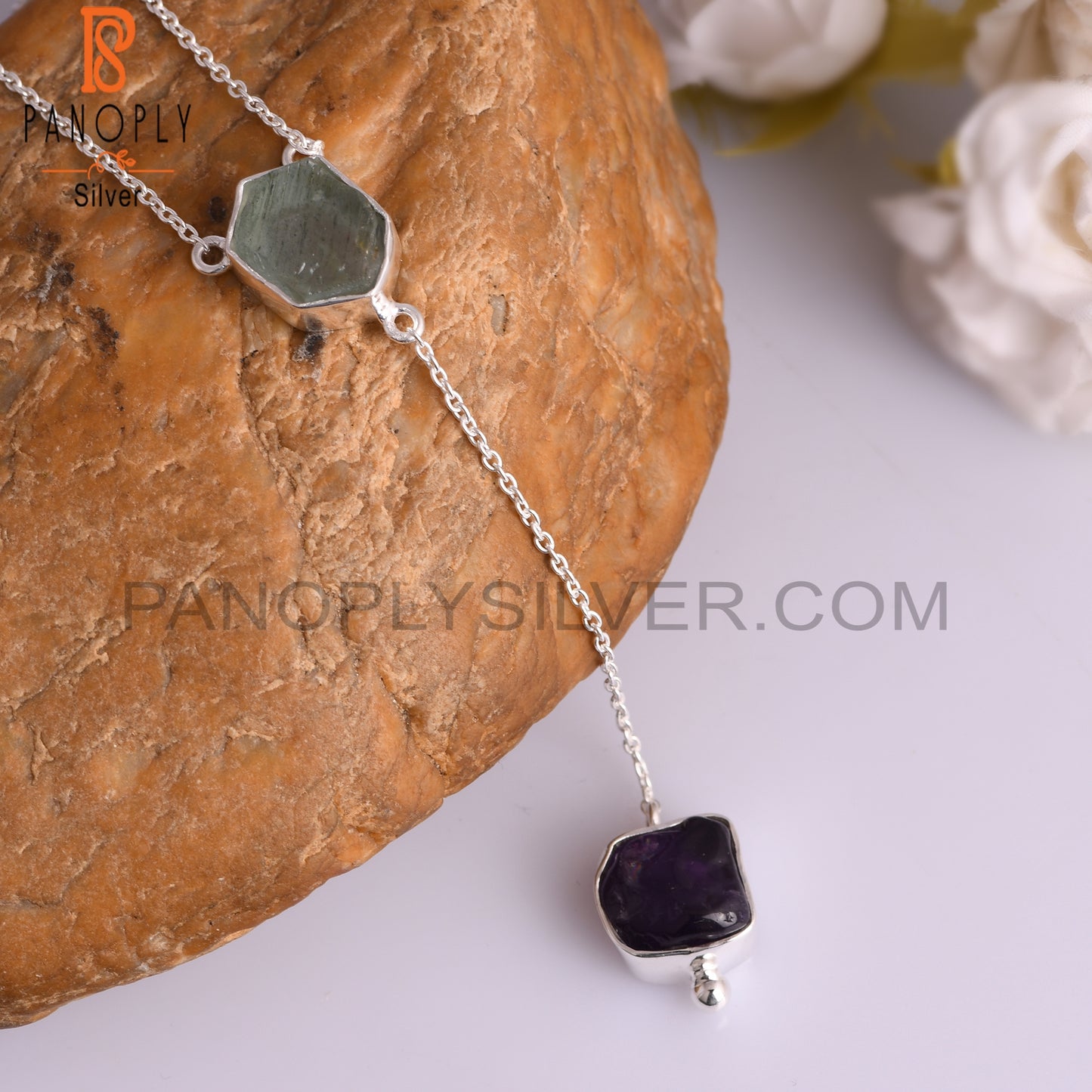 Aquamarine & Amethyst Rough 925 Silver Pendant with Chain