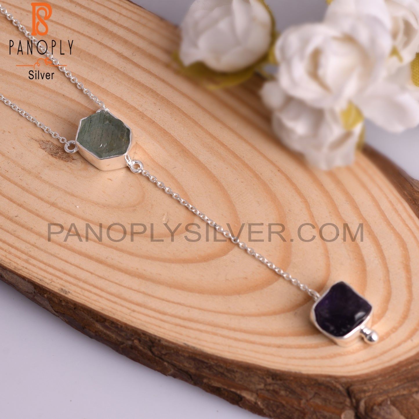 Aquamarine & Amethyst Rough 925 Silver Pendant with Chain
